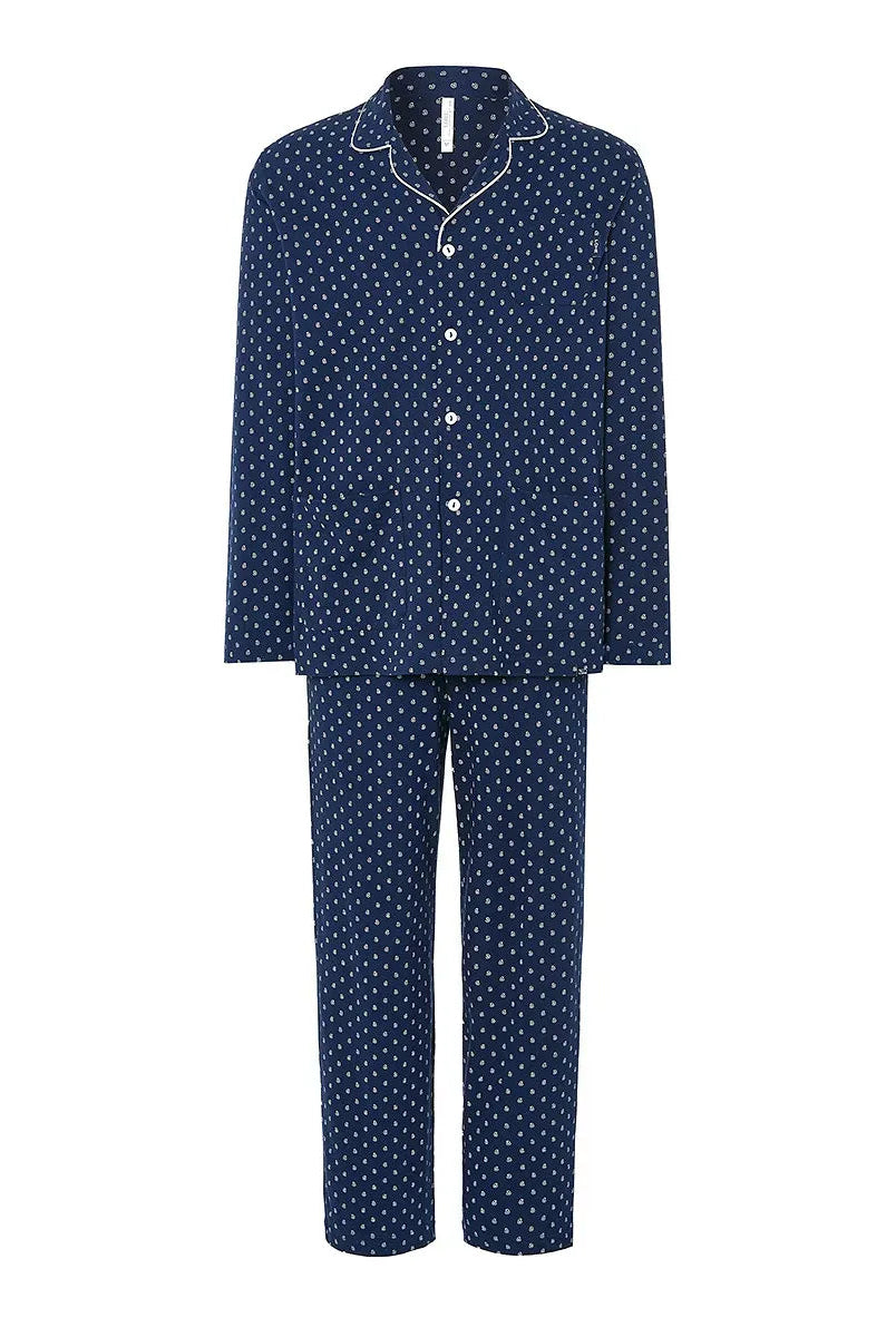 Pijama de hombre manga larga, estampado de pequeños cachemires abierto con botones, bolsillos plastón