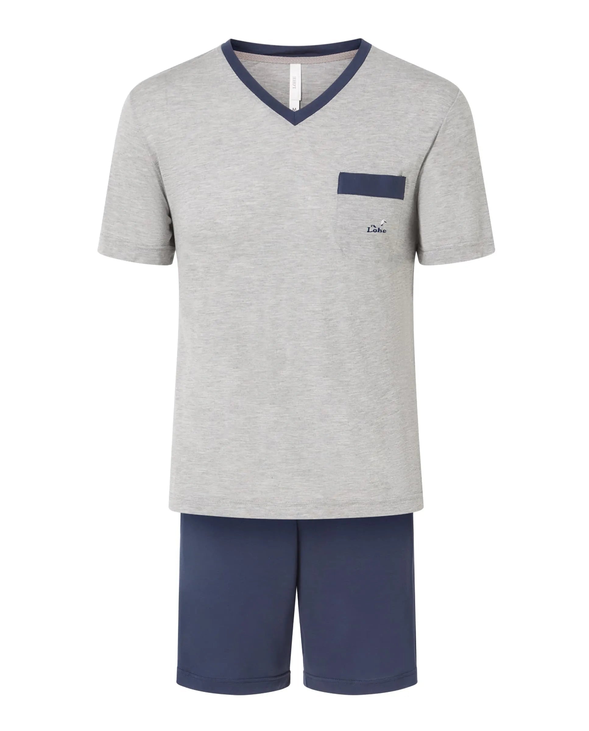 Vista trasera de hombre con pijama veraniego corto marino y gris