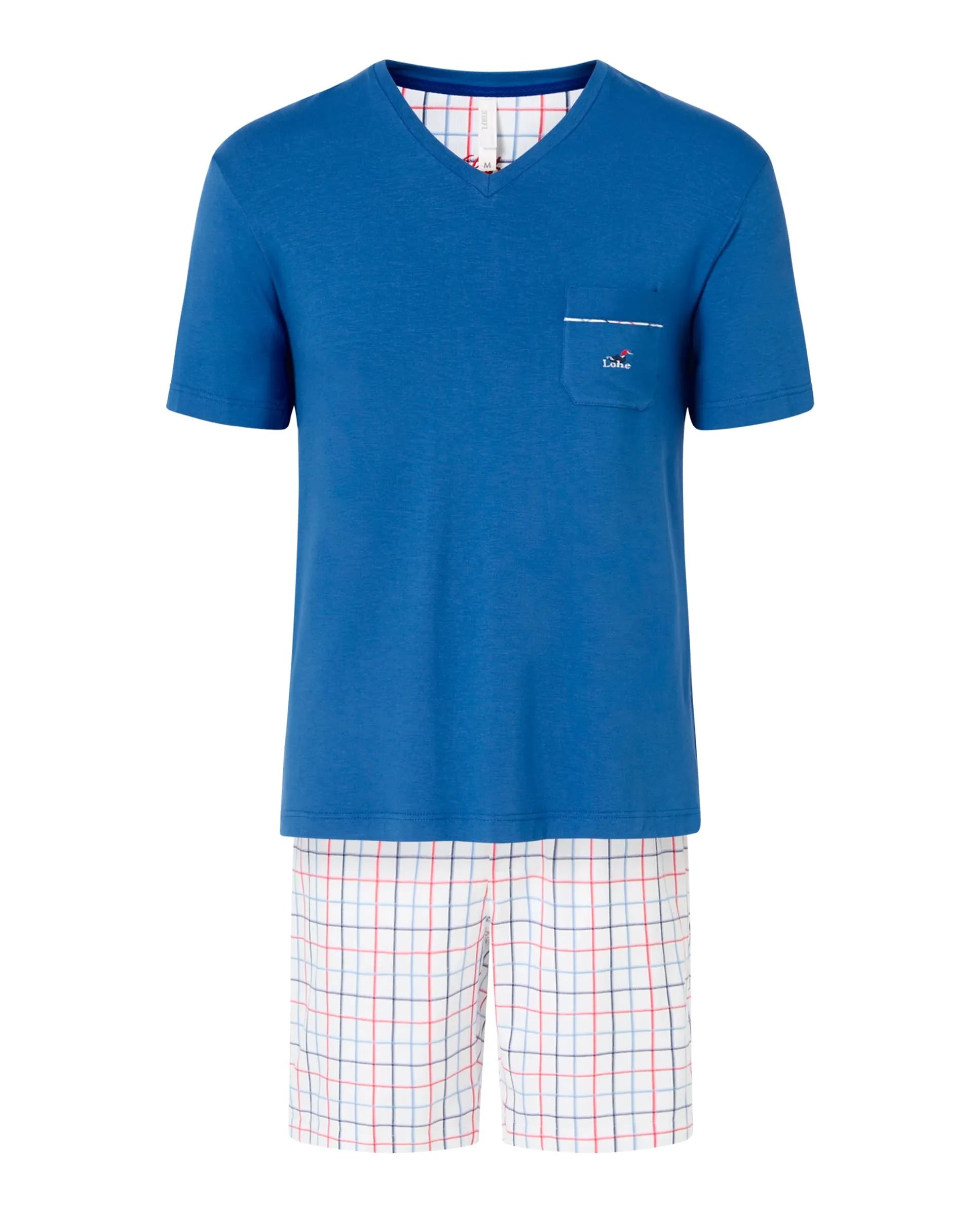 Hombre maduro con pijama corto de verano de manga corta camiseta azul y pantalón corto cuadros