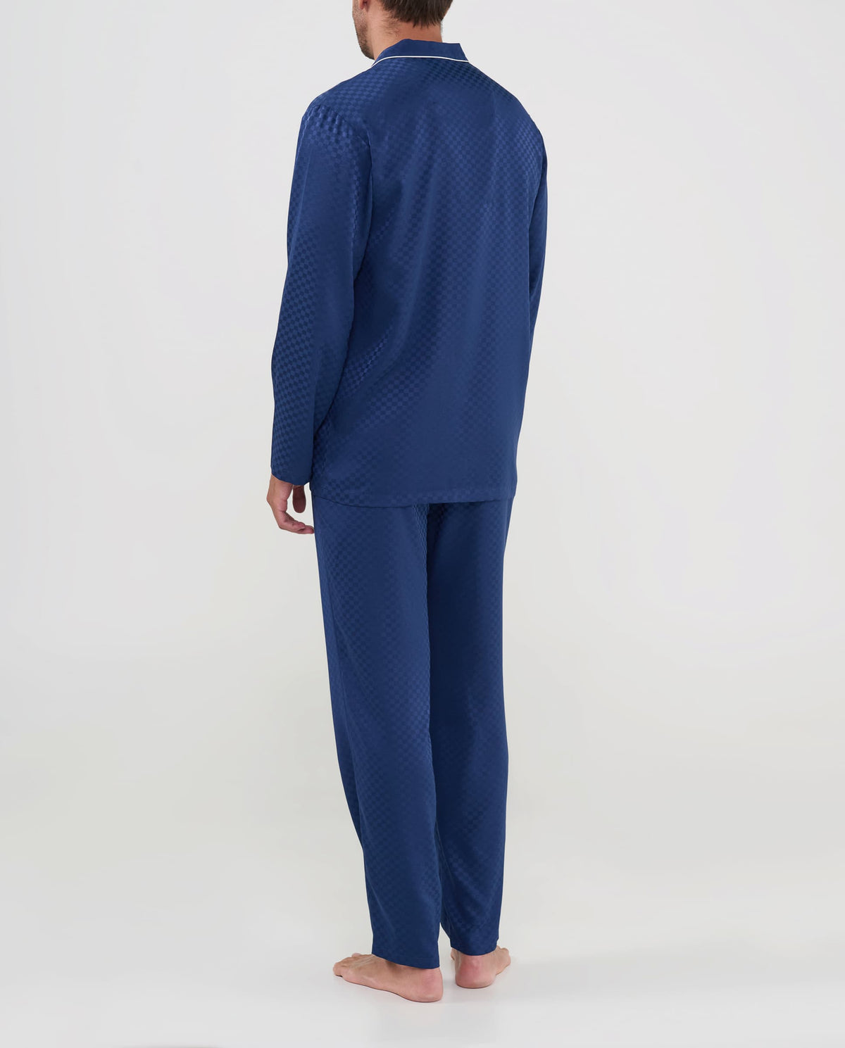 Pijama completo de hombre para invierno, tejido jacquard de cuadros marino, con manga larga y pantalón largo.