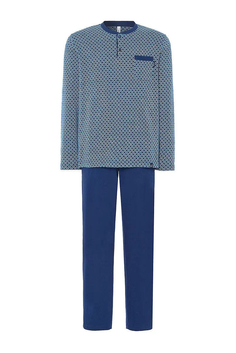 Pijama Lohe de hombre, Jacquard de diseño geométrico, escote con abertura de botones, manga larga y pantalón largo liso.