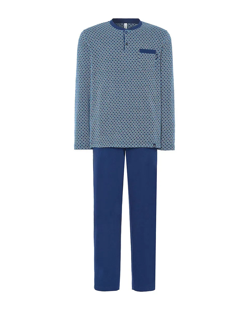 Pijama Lohe de hombre, Jacquard de diseño geométrico, escote con abertura de botones, manga larga y pantalón largo liso.