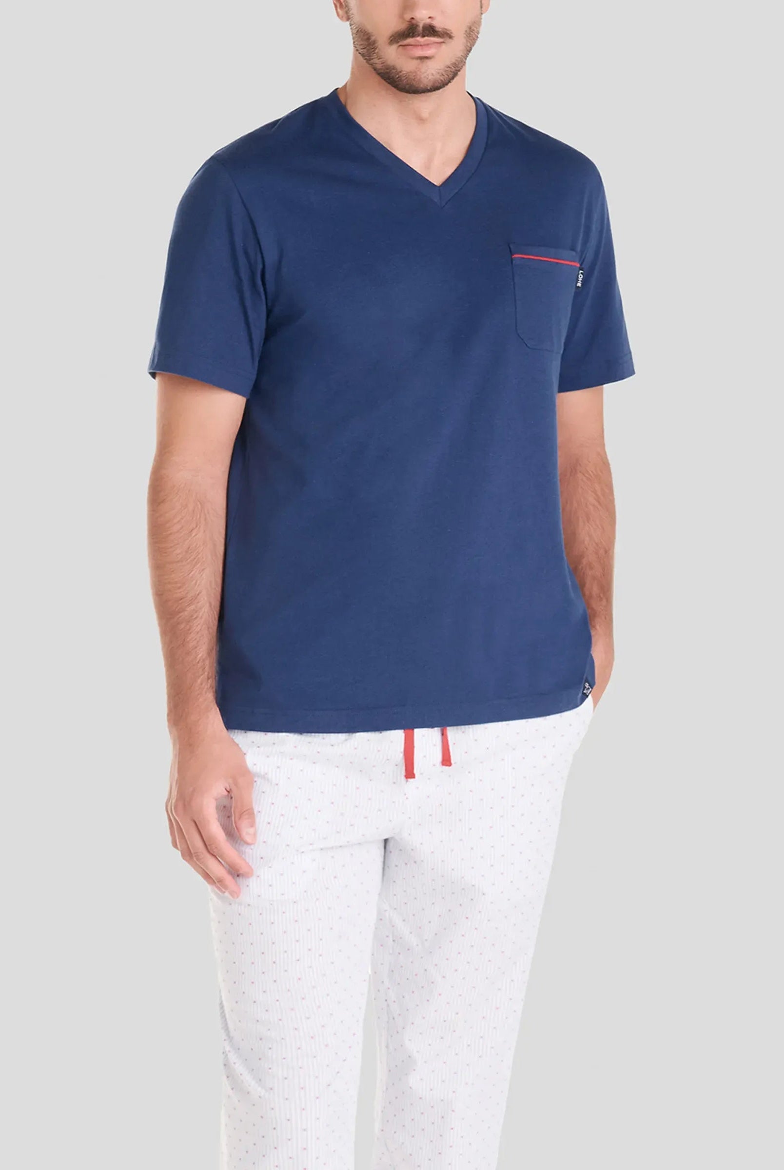 Pijama largo hombre para verano camiseta manga corta marino y pantalón largo plumeti