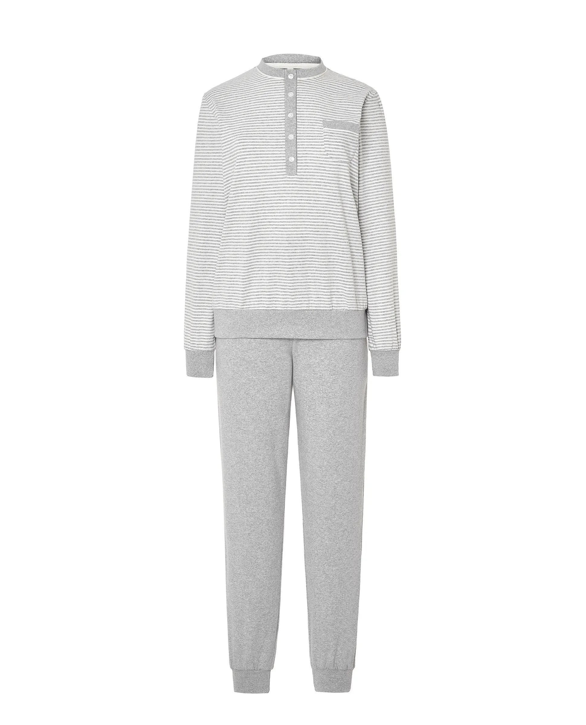 Pijama de mujer gris top a rayas de escote redondo con botones, puños elásticos, manga larga y pantalón largo en vigoré a juego.