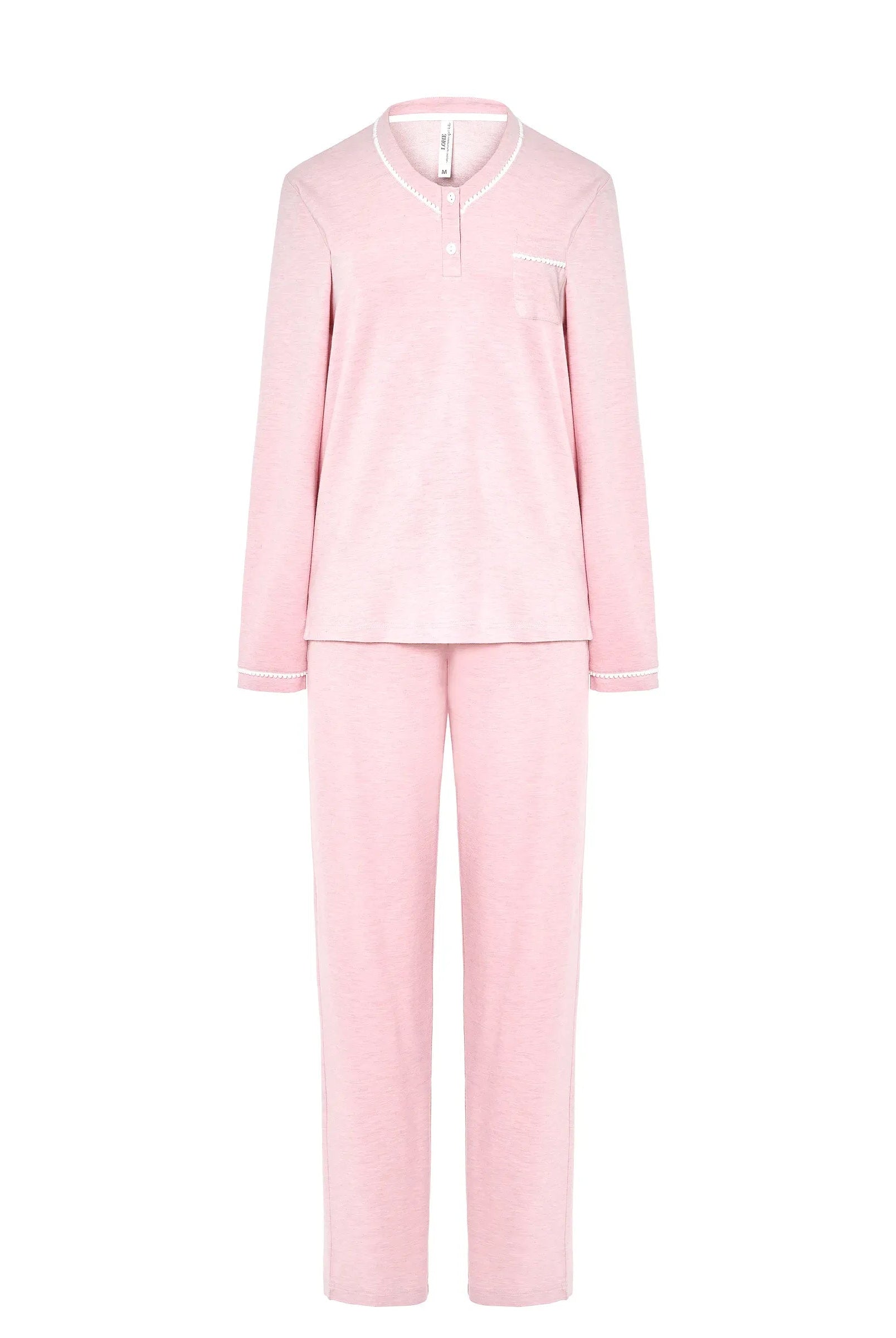 Pijama de manga larga de mujer vigoré rosa, escote en pico con adorno y lazo de raso en la cintura.
