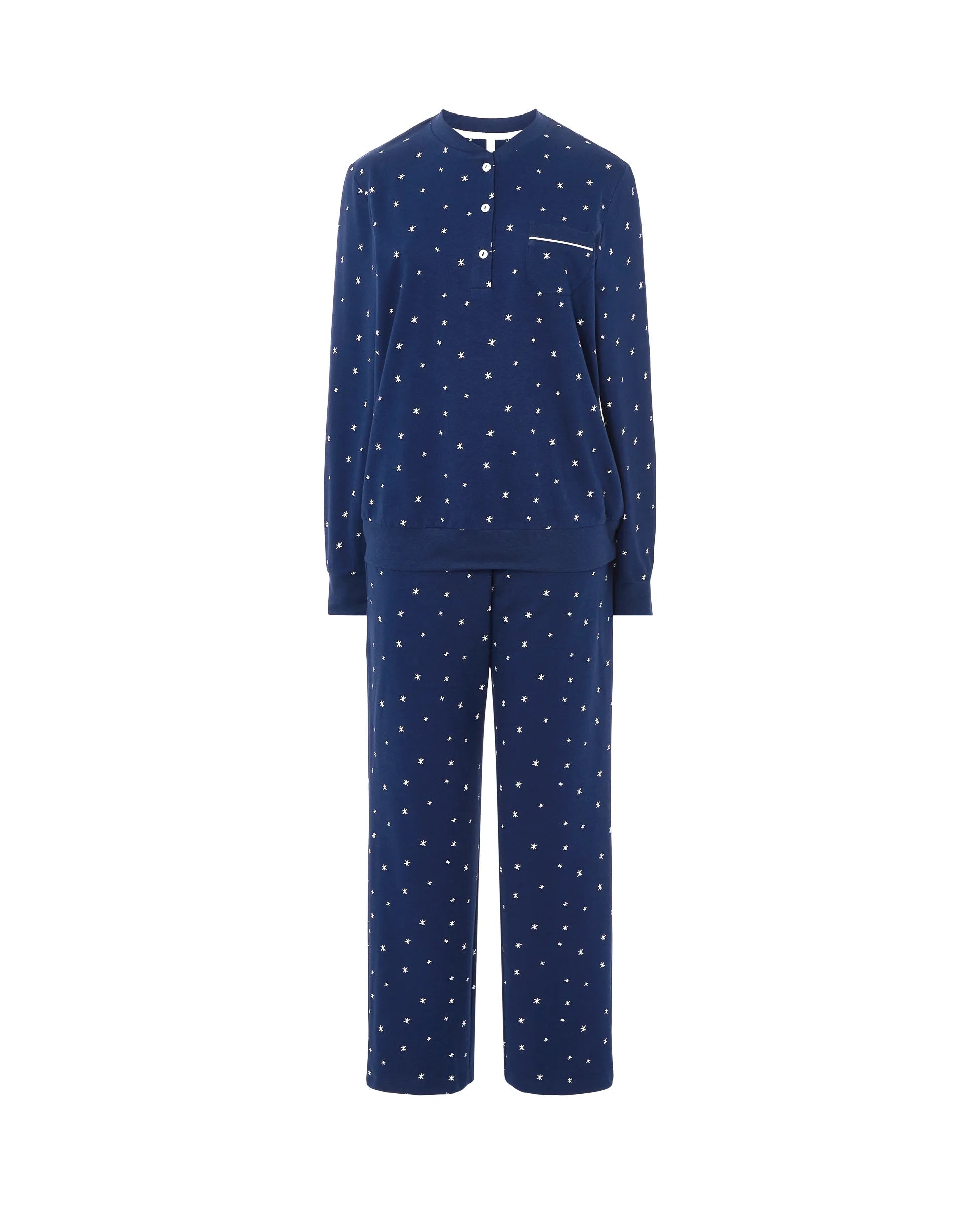 Pijama Lohe mujer marino con estampado de estrellas, manga larga con puños, pantalón largo y bolsillo, sobre fondo blanco