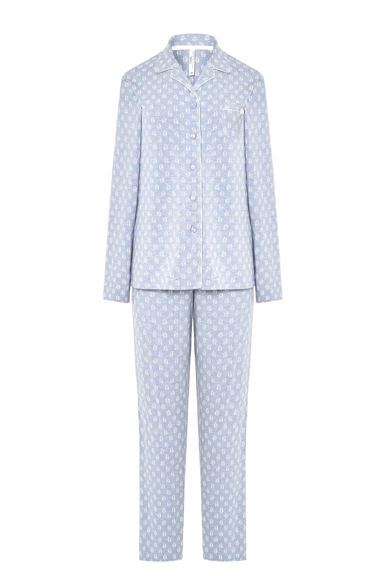 Pijama Lohe de mujer estampado de hojas, con cuello de solapa, manga larga y pantalón largo con lazo.