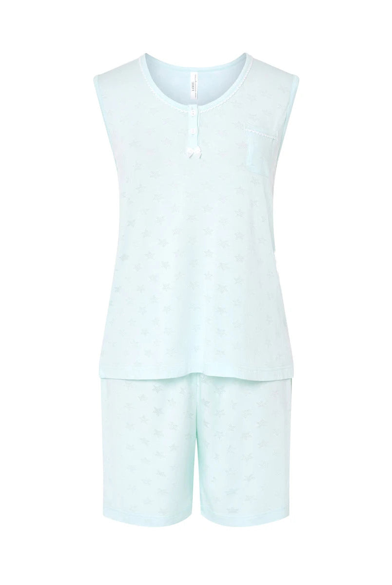 Pijama de mujer corto de verano sin mangas de punto verde suave desagujado de estrellitas