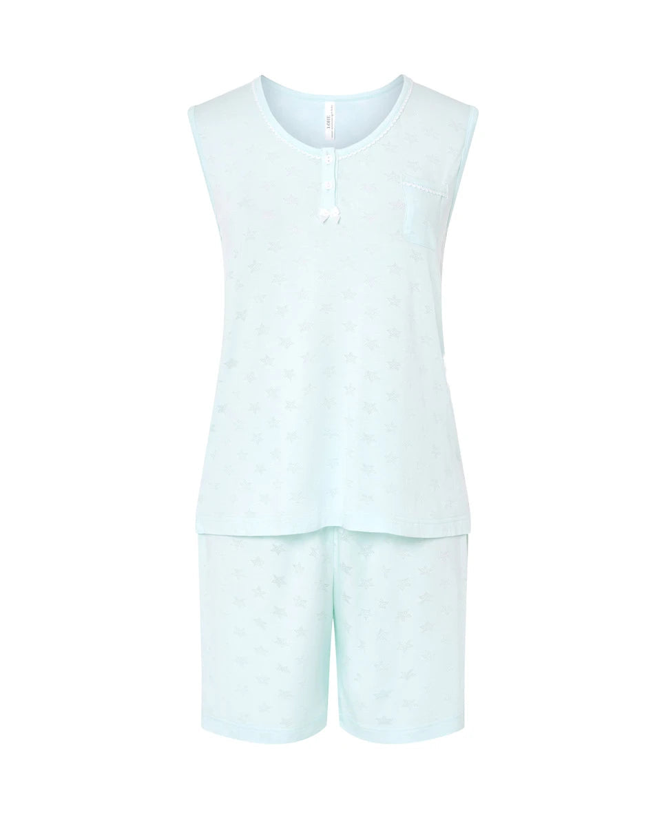 Pijama de mujer corto de verano sin mangas de punto verde suave desagujado de estrellitas
