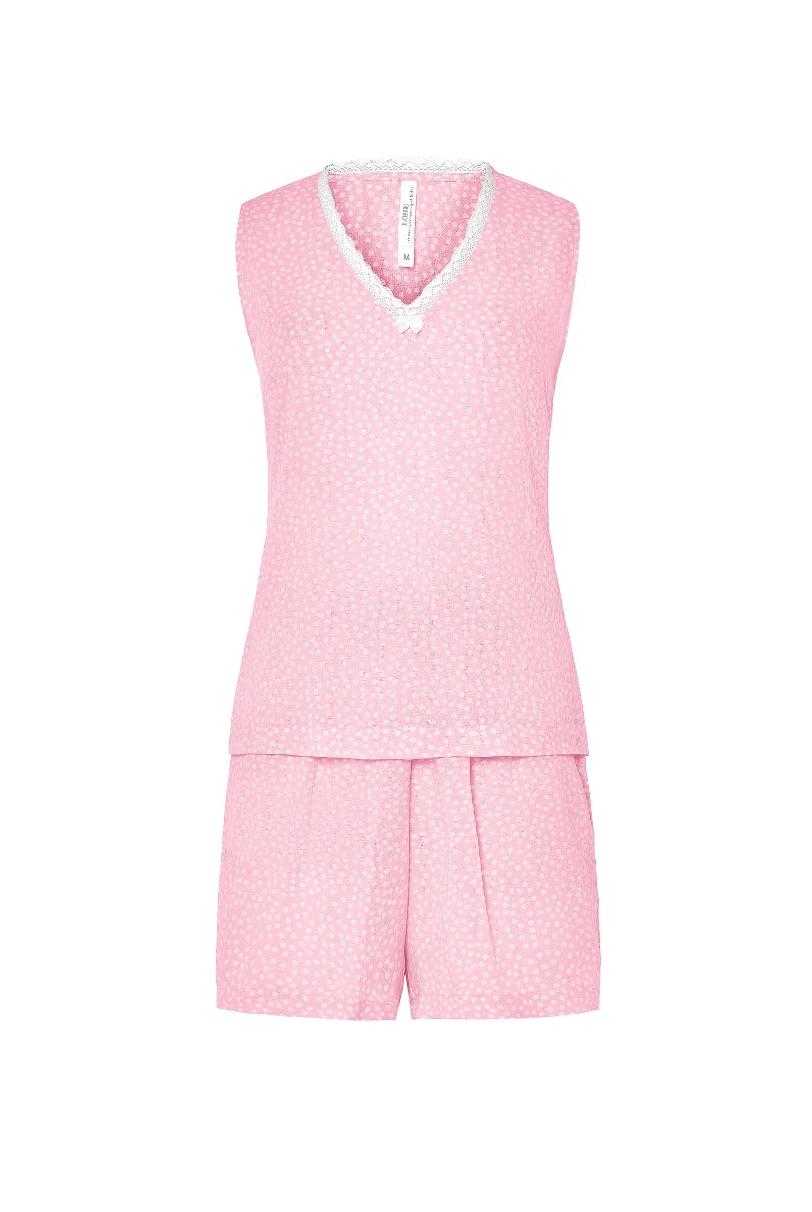 Pijama corto de mujer Lohe, tejido jacquard de viscosa estampado topitos, puntilla en cuello pico, sin mangas y pantalón corto.