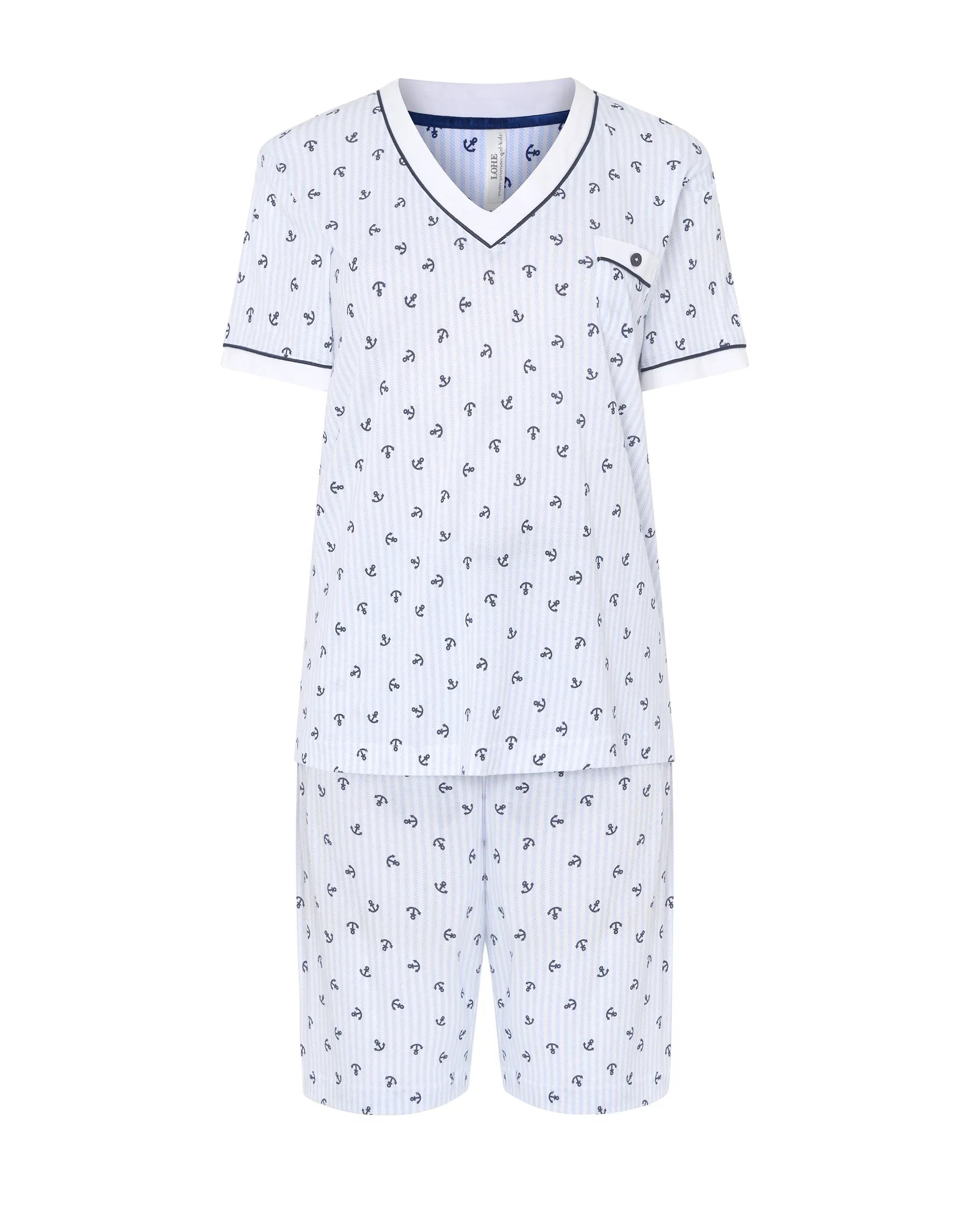 Pijama corto de mujer Lohe, tejido algodón modal estampado anclas, cuello pico, manga corta y pantalón corto con lazo de razo.