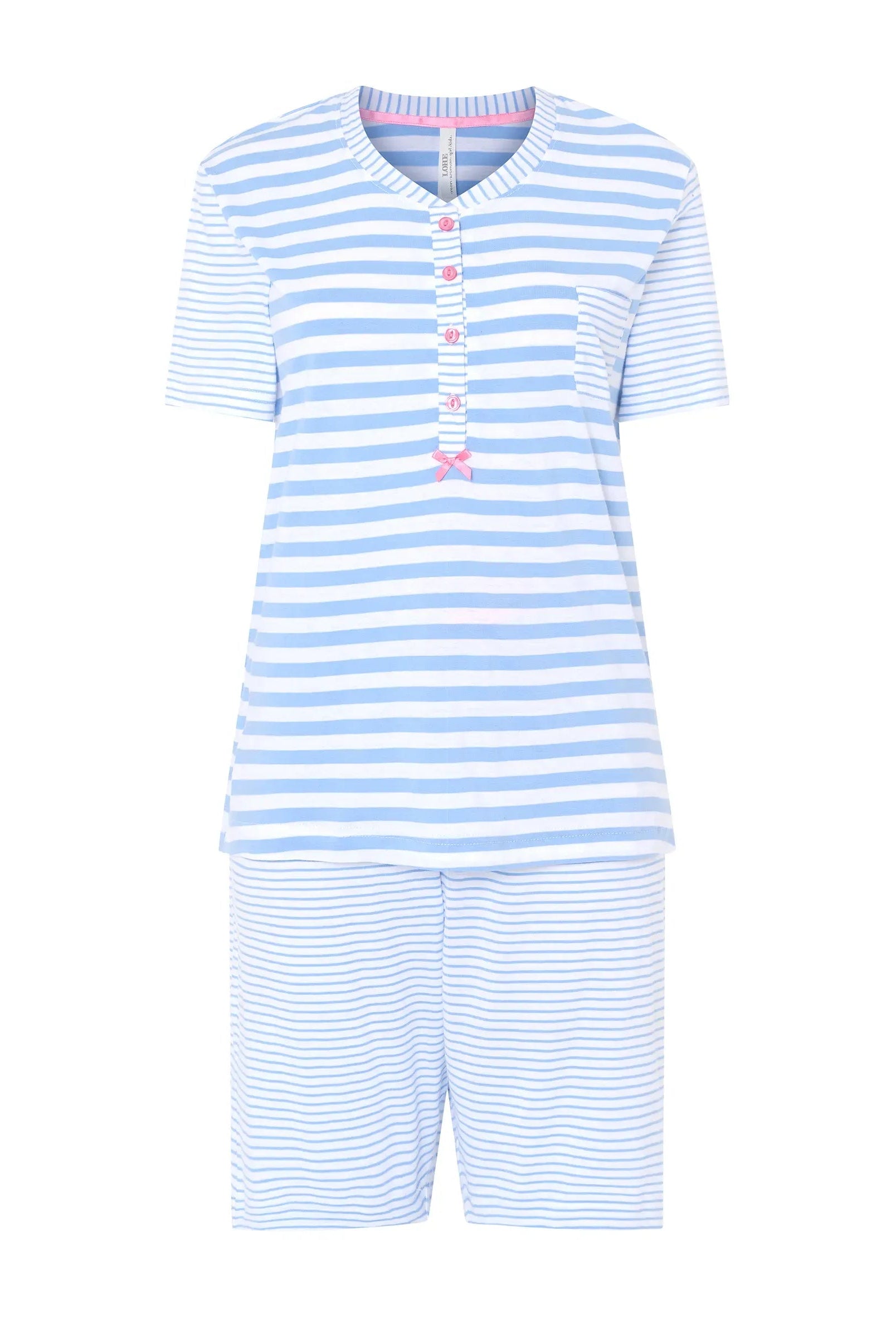 Pijama corto de mujer Lohe, tejido rayas, abierto con pata y botones, manga corta y pantalón corto con lazo de raso.