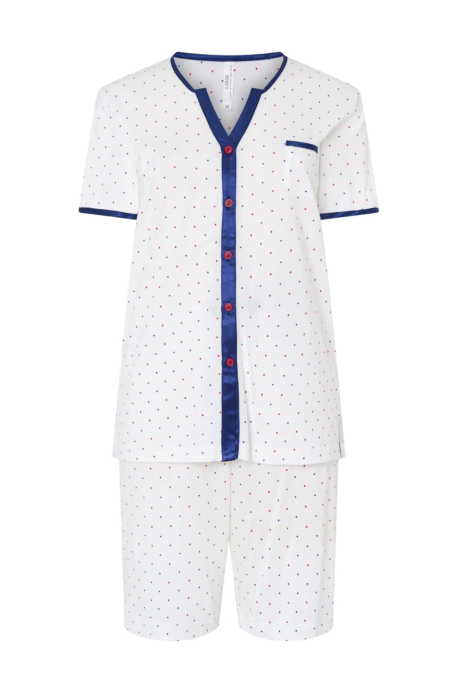 Pijama corto de mujer Lohe, tejido algodón modal a topitos, chaqueta abierta con botones, bieses de raso