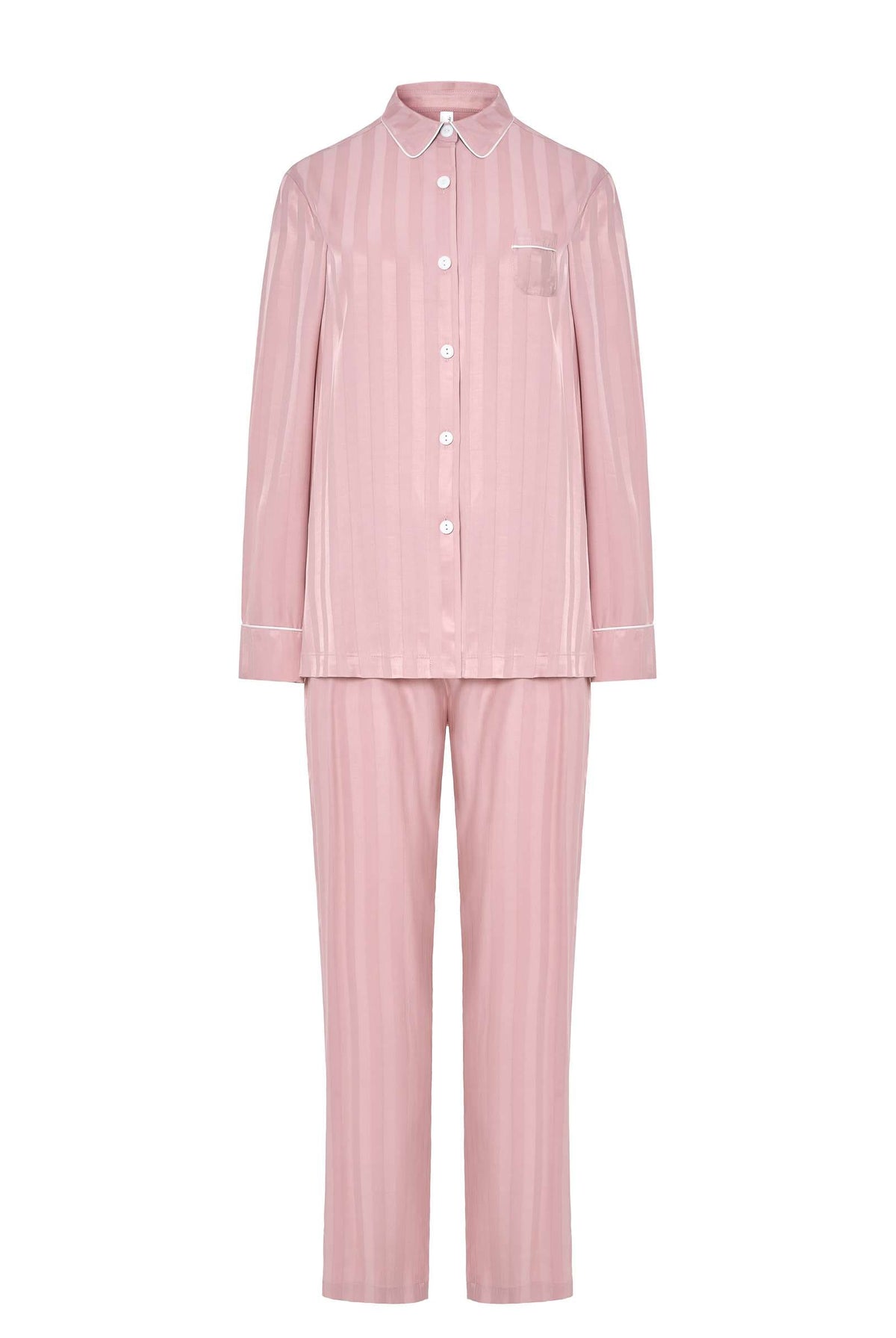 Pijama Lohe de mujer abierto con botones, cuello con vivo, cómoda manga larga y pantalón largo con lazo de raso en la cintura.