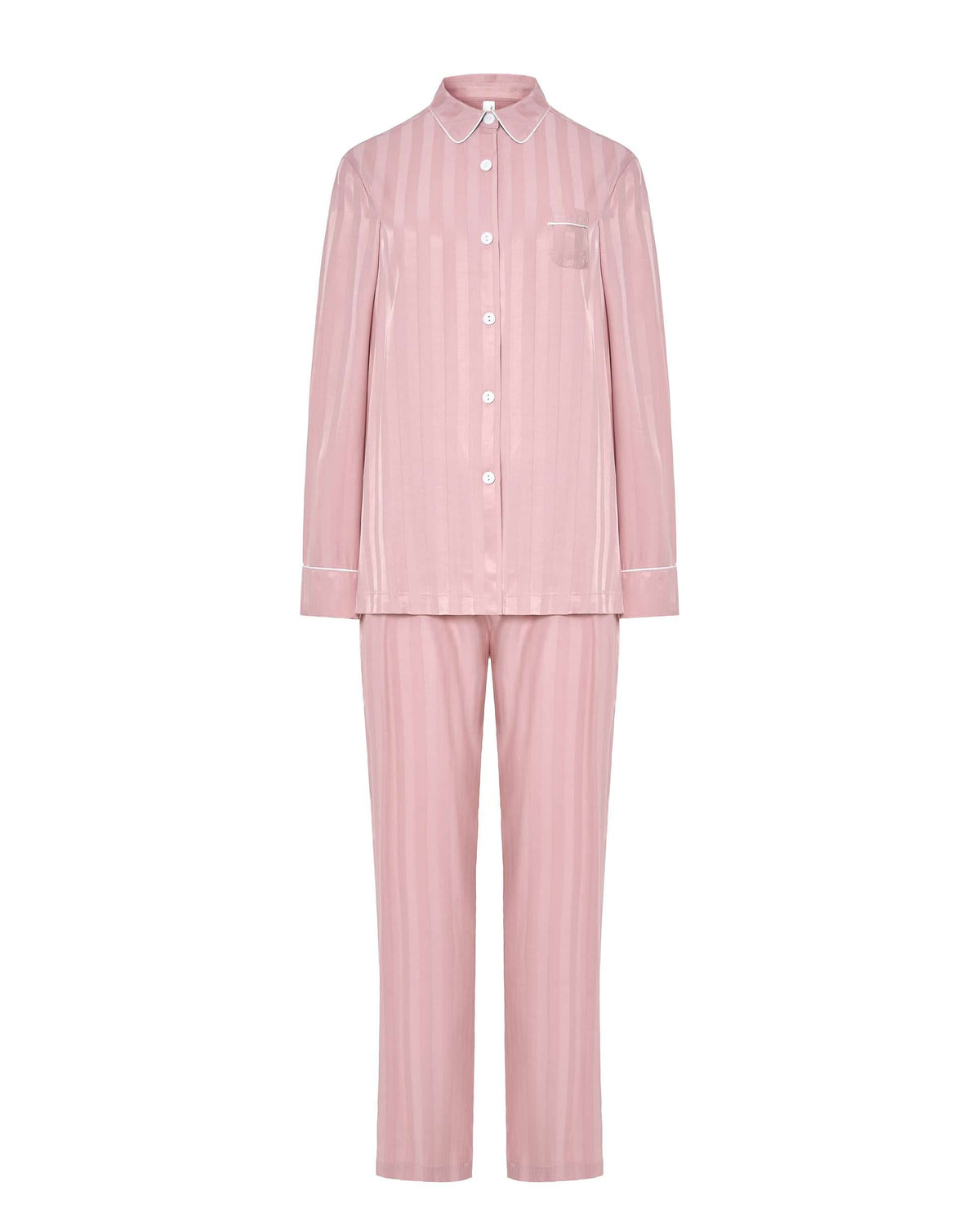 Pijama Lohe de mujer abierto con botones, cuello con vivo, cómoda manga larga y pantalón largo con lazo de raso en la cintura.