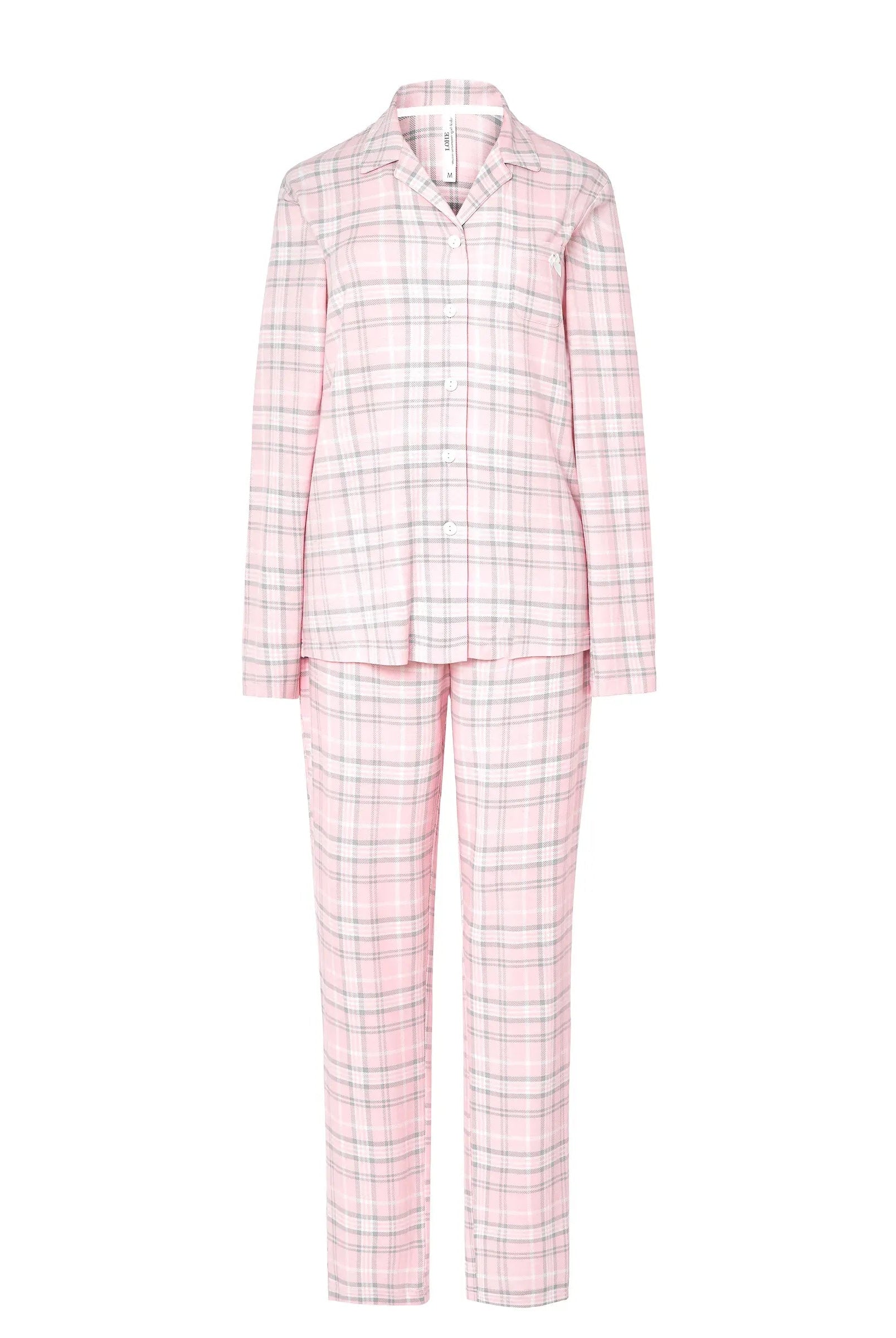 Pijama de mujer camisero con cuadros de suaves tonos rosa cuello clásico de solapa y manga larga