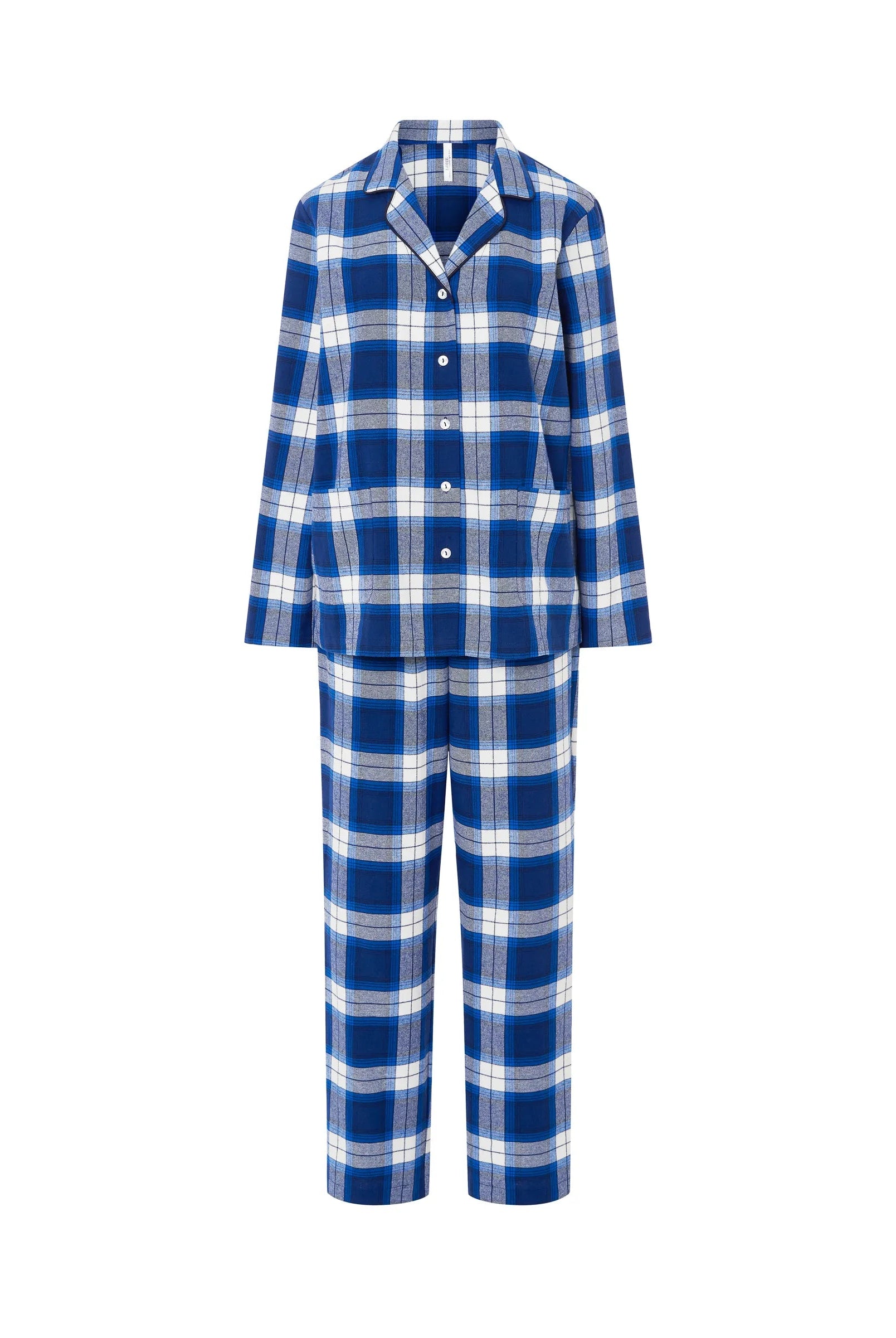 Conjunto completo de pijama de mujer Lohe, estampado en cuadros azules con manga y pantalón largo.