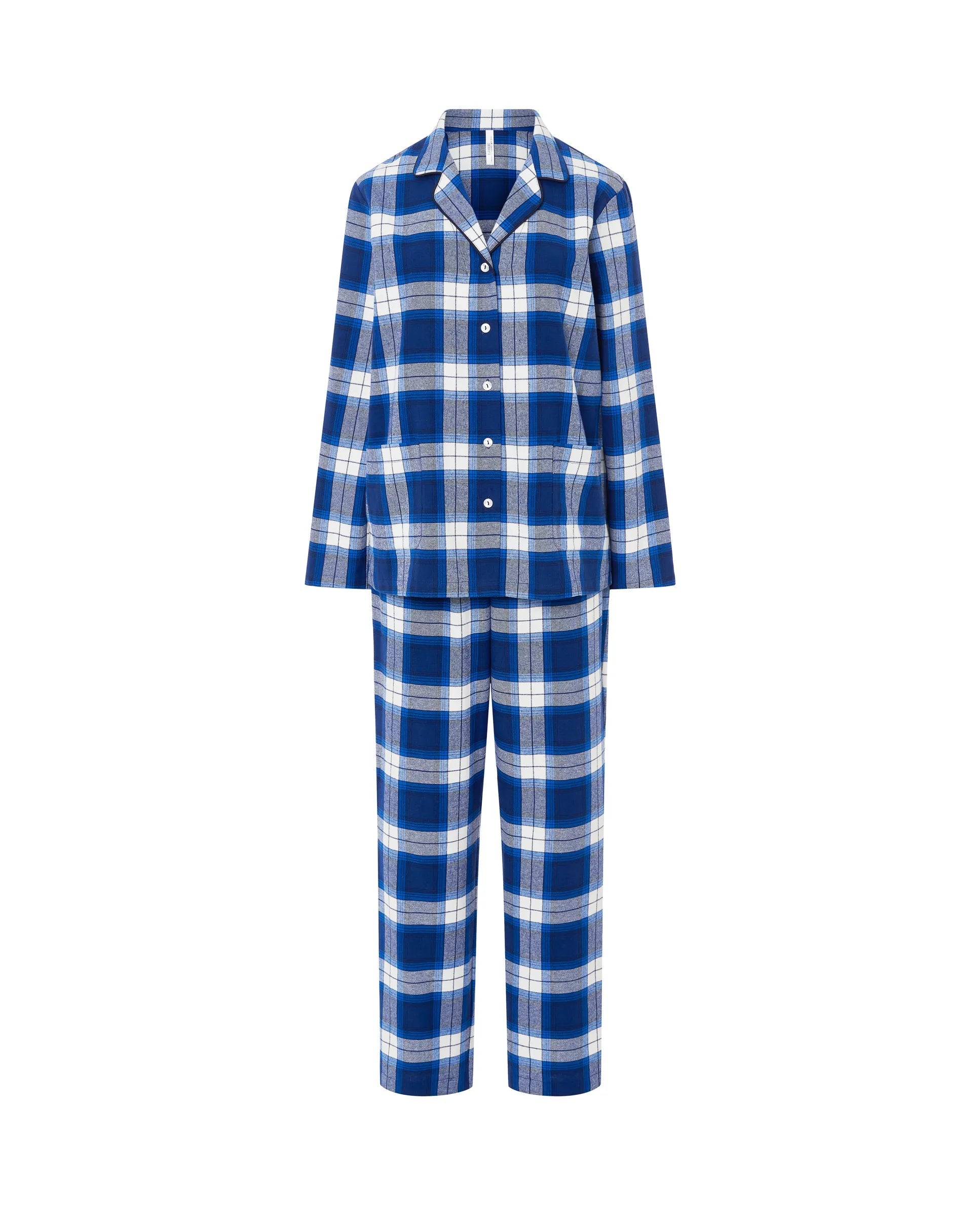 Conjunto completo de pijama de mujer Lohe, estampado en cuadros azules con manga y pantalón largo.