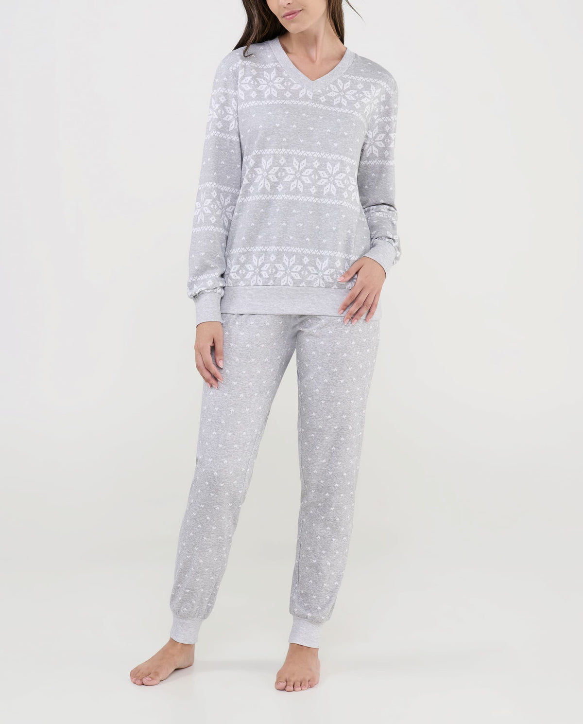 Pijama mujer invierno largo gris estampado estrellas de nieve