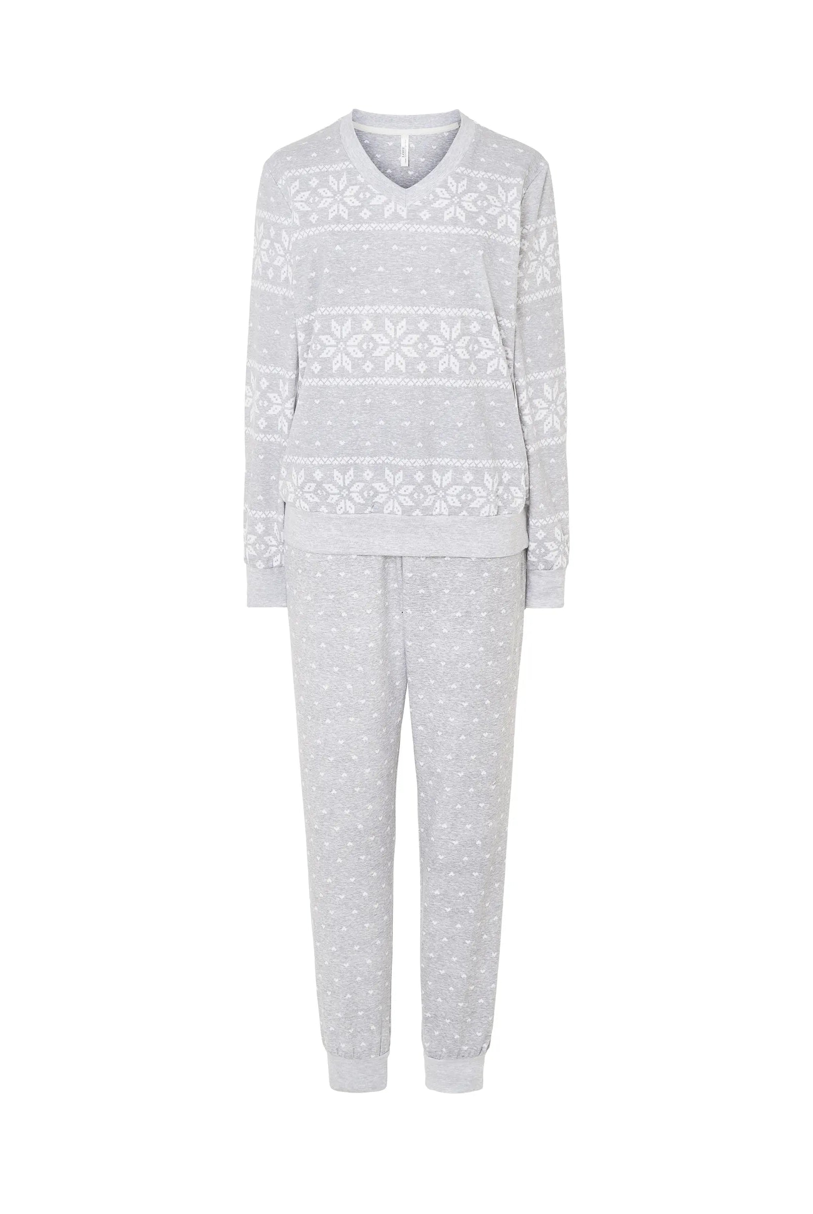 Pijama Lohe de mujer estampado en estrellas de nieve, cuello pico, manga larga con puños y pantalón largo con puños.