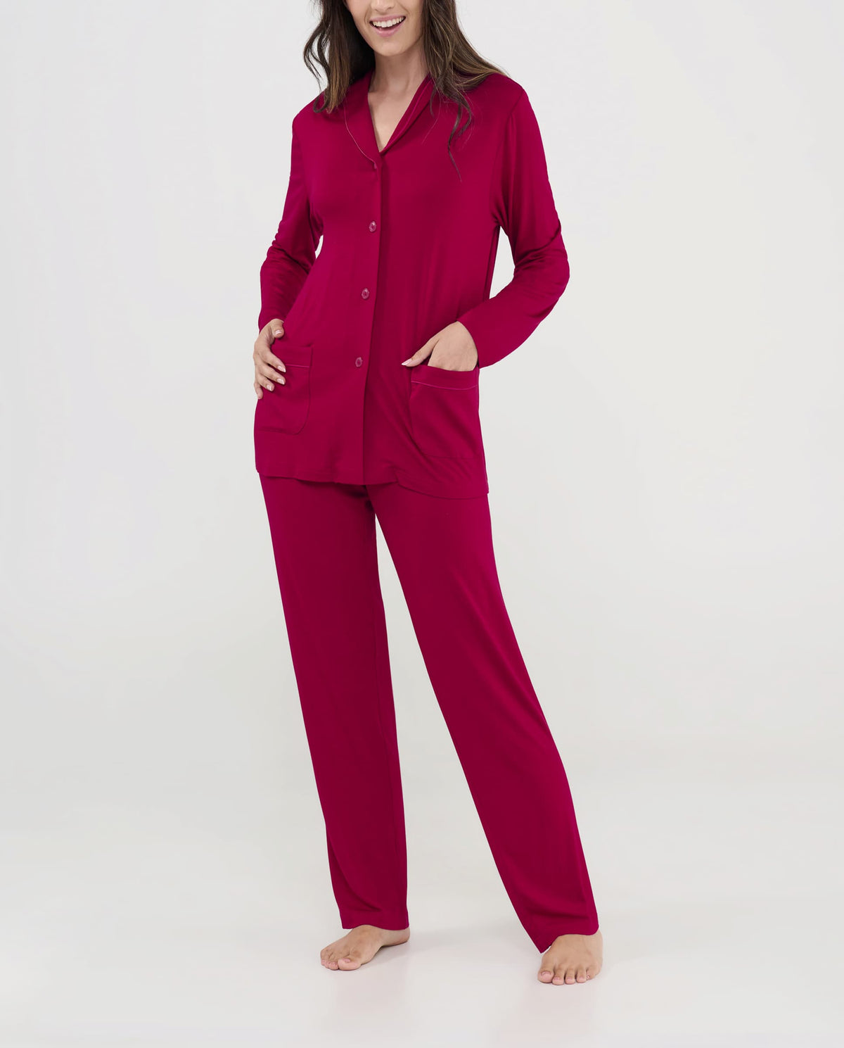 Pijama camisero mujer manga larga abotonado color granate para el invierno