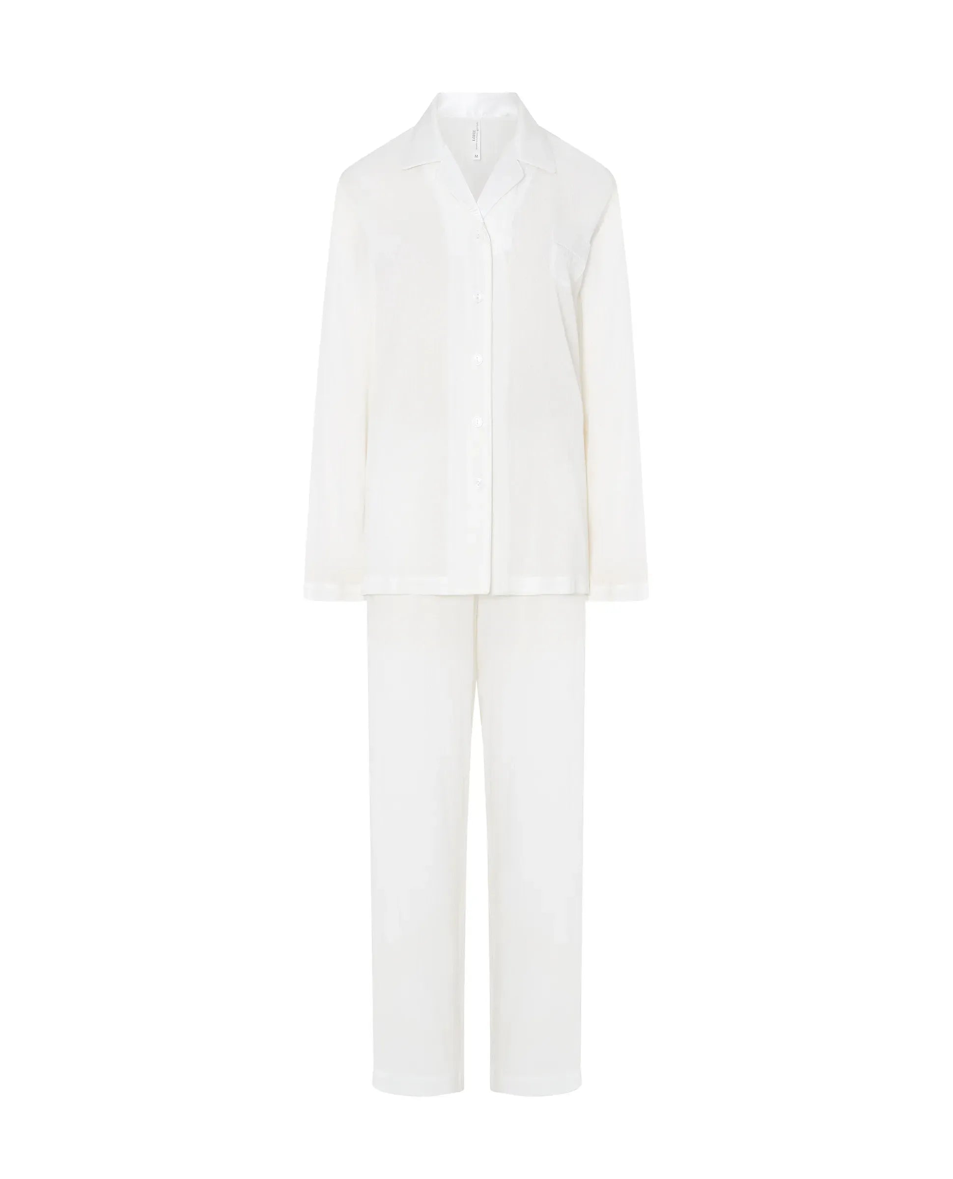 Pijama largo de mujer jacquard viscosa marfil, chaqueta abierta con vivo de raso, botones, bolsillos de plastón