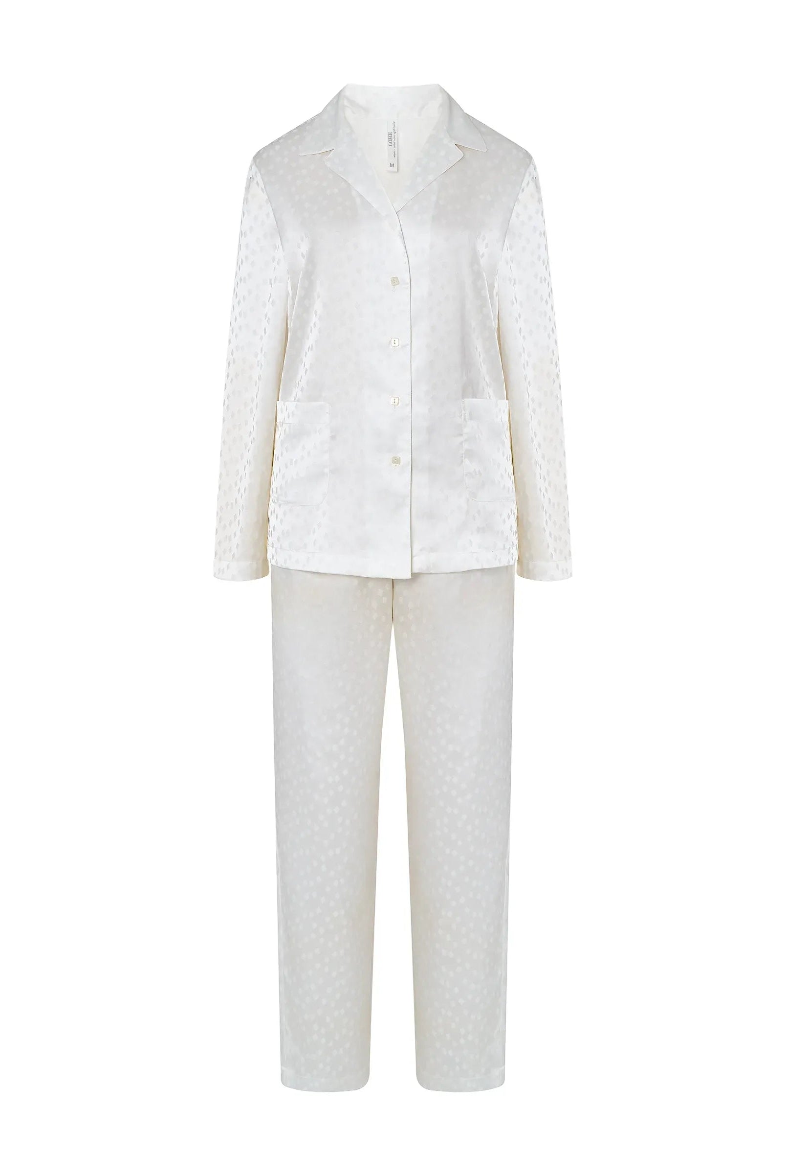 Pijama largo de mujer en jacquard marfil cuadritos, chaqueta abierta con botones de manga larga y pantalón largo