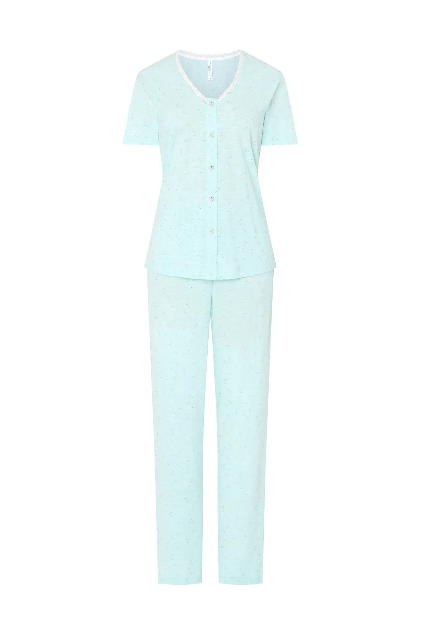 Pijama largo abierto con botones de manga corta con puntilla en escote en algodón y modal verde suave