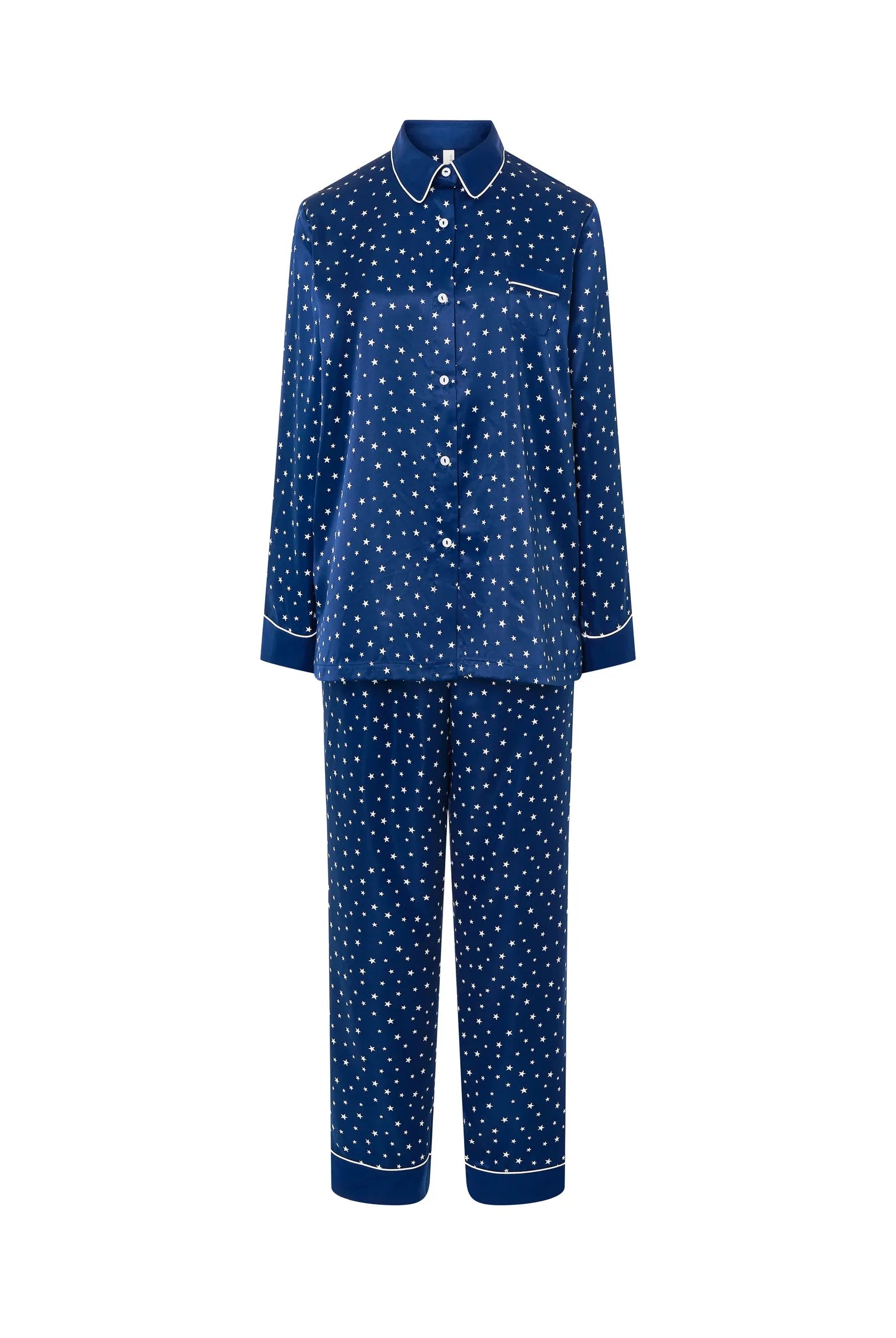 Pijama de mujer raso marino estampado de estrellas con chaqueta abierta con botones
