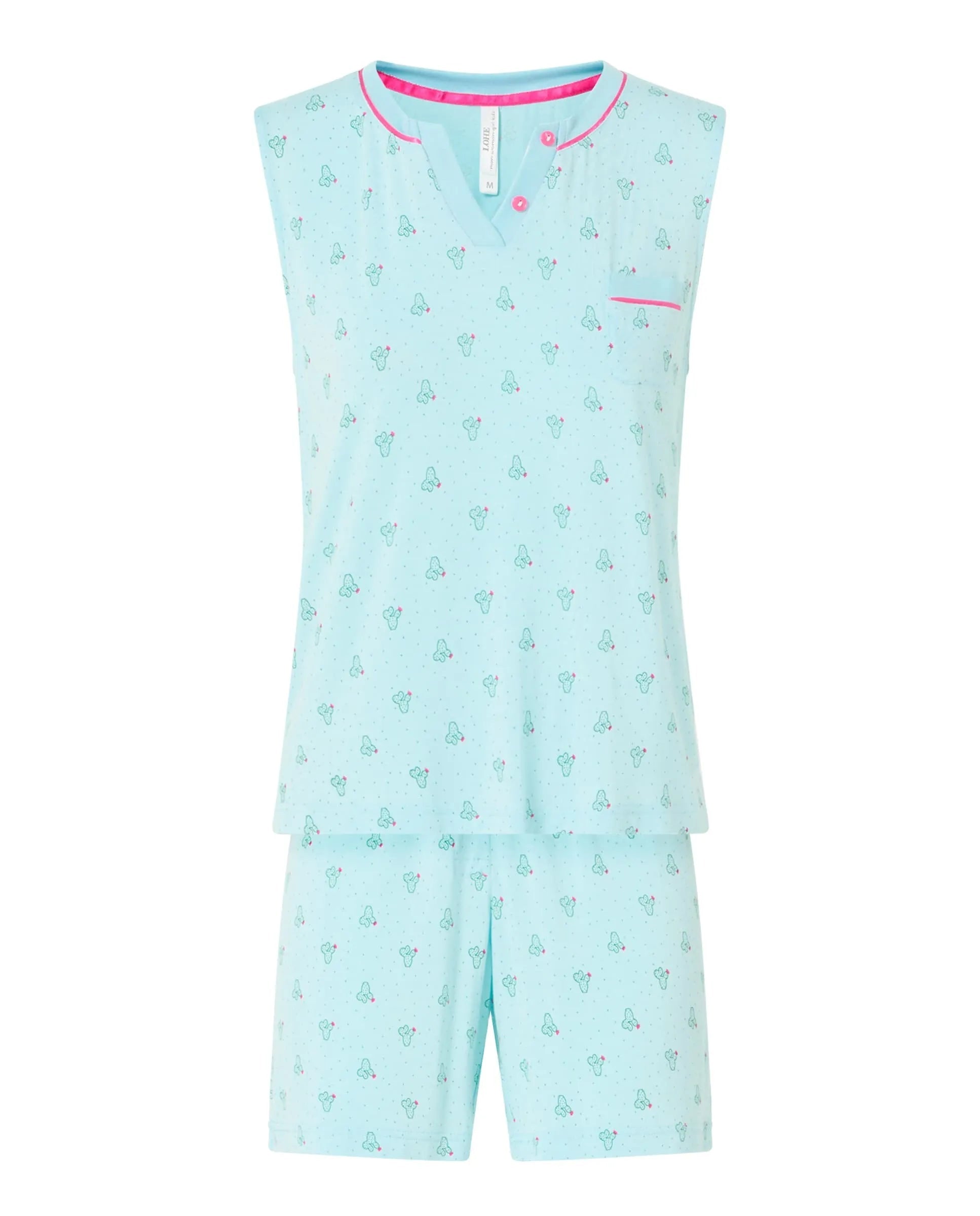 Pijama corto de mujer, estampado cactus, chaqueta cuello con botones sin mangas, bolsillo adorno y pantalón corto.