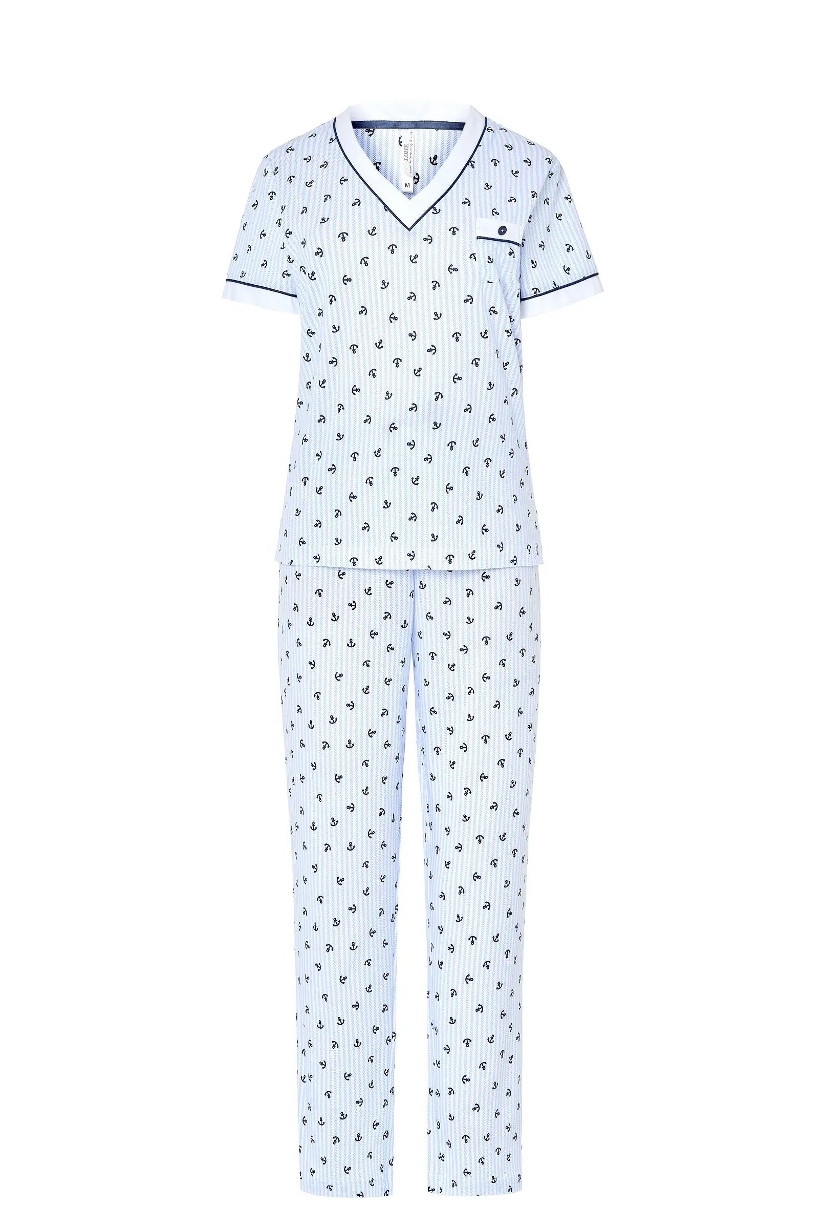 Pijama largo de mujer Lohe, tejido algodón modal estampado anclas, cuello pico, manga corta y pantalón largo con lazo de raso.