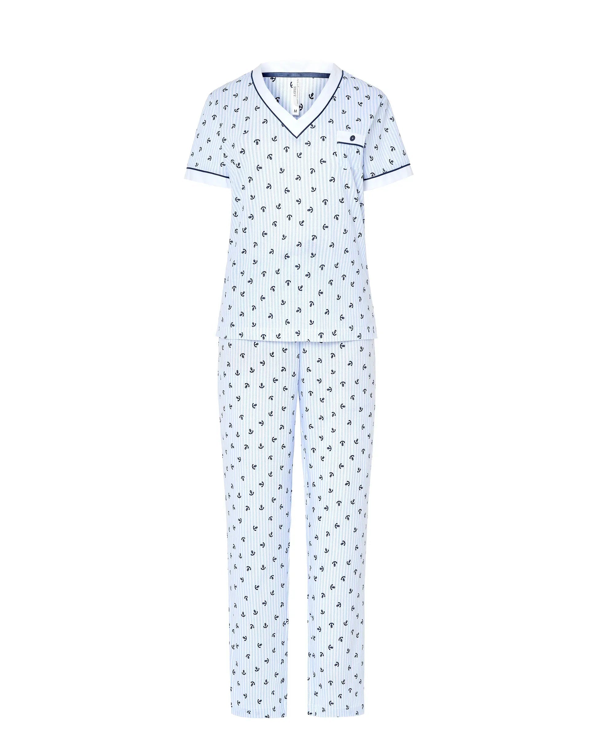 Pijama largo de mujer Lohe, tejido algodón modal estampado anclas, cuello pico, manga corta y pantalón largo con lazo de raso.