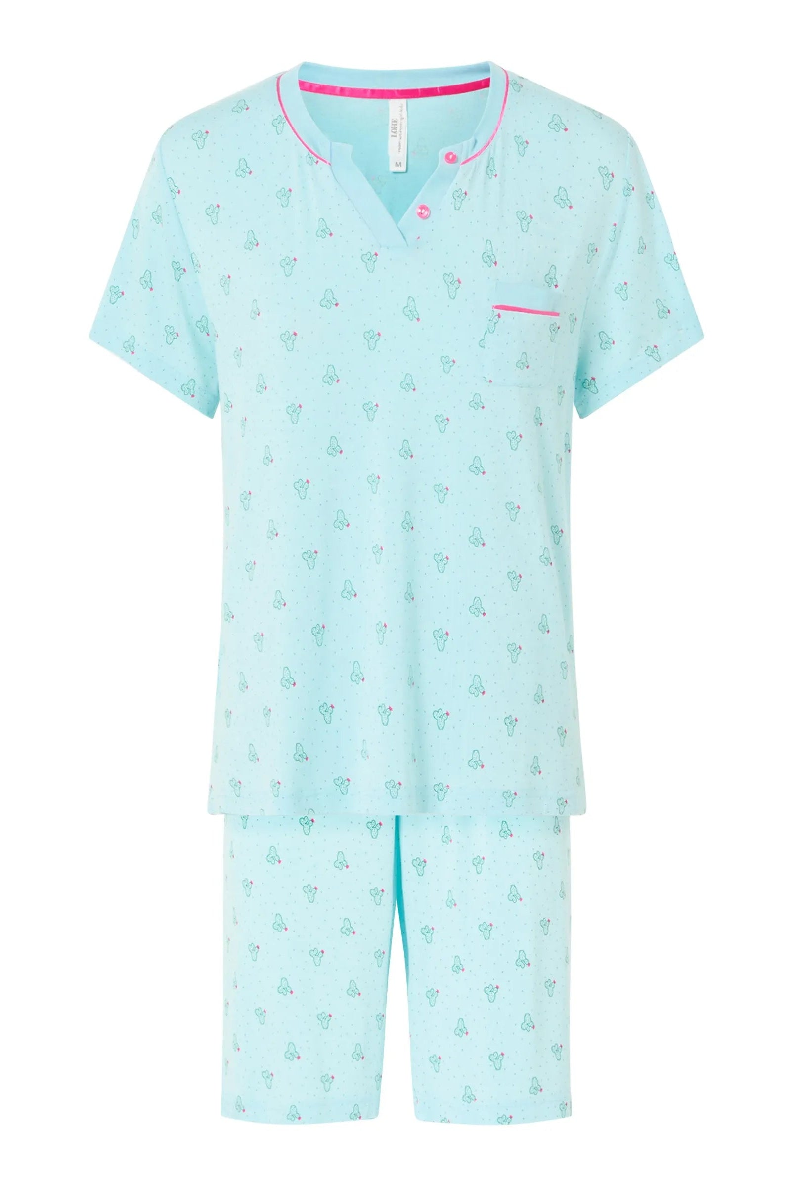 Pijama corto de mujer, estampado cactus, chaqueta cuello con botones manga corta, bolsillo adorno y pantalón corto.