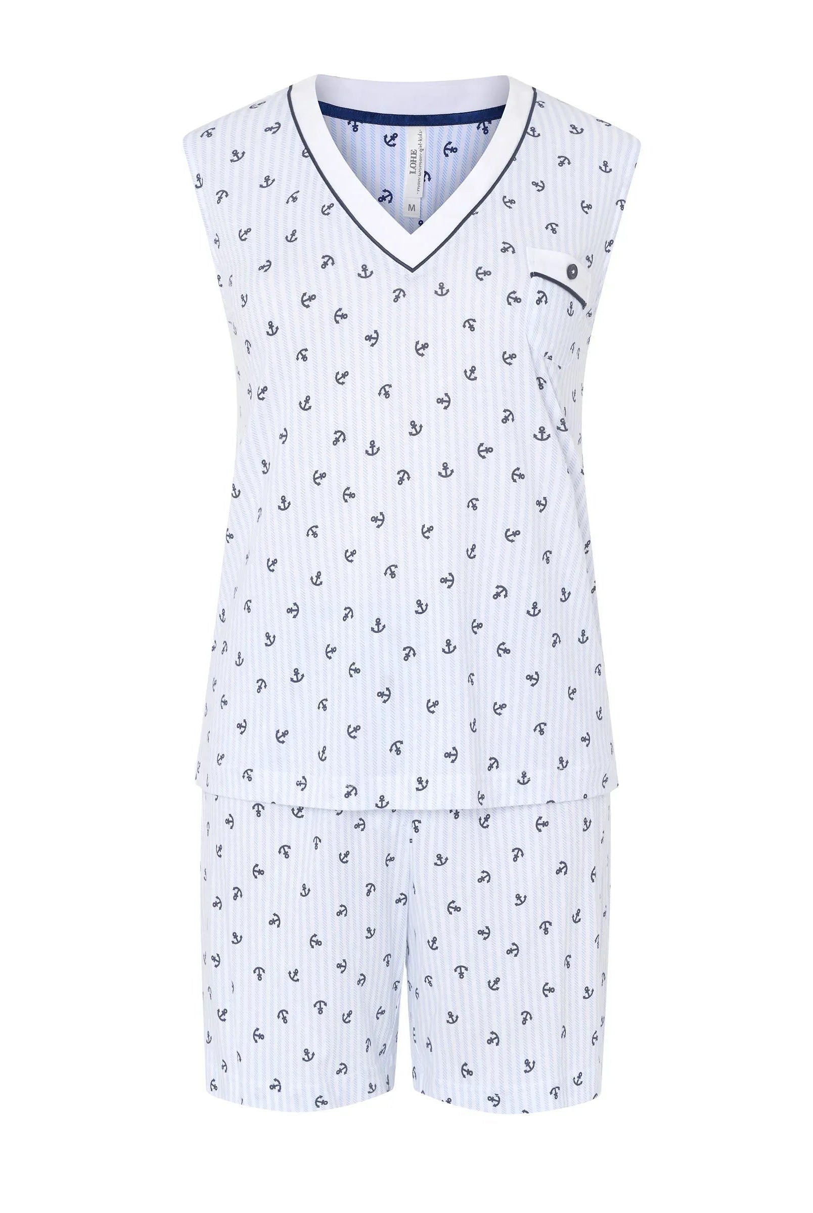 Pijama corto de mujer Lohe, de algodón y modal estampado anclas, cuello pico, sin mangas y pantalón corto.