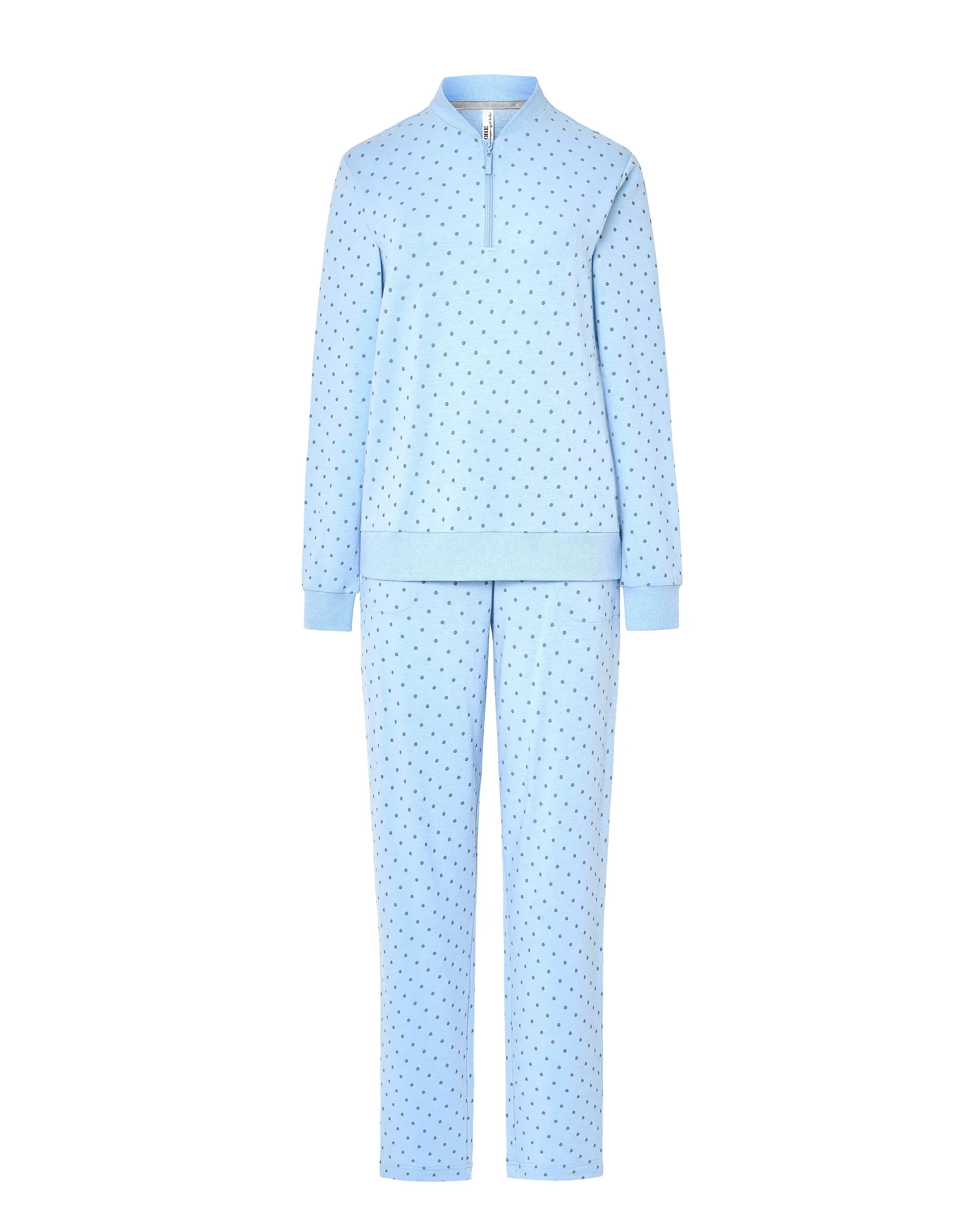 Pijama de mujer vigoré celeste, estampado de topos grises, escote abierto, manga larga y pantalón largo.