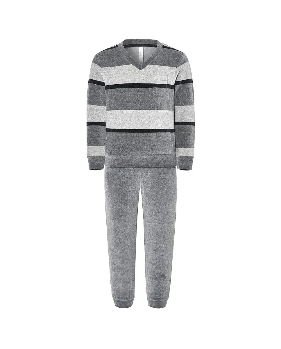 Pijama Lohe de niño terciopelo, parte superior de rayas con escote en pico, manga larga y pantalón largo liso.