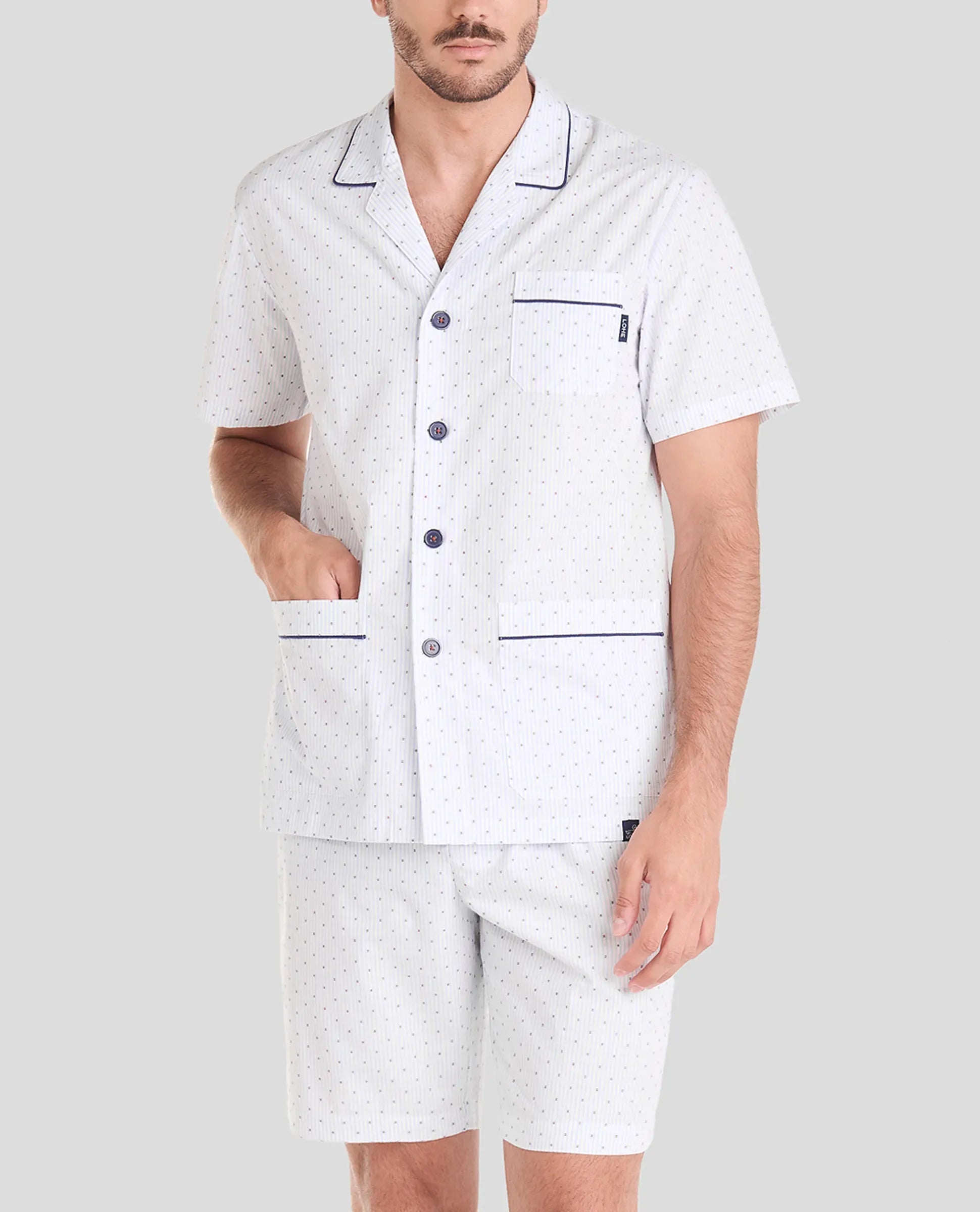 Pijama de verano para hombre chaqueta abierta manga corta plumeti y pantalón corto