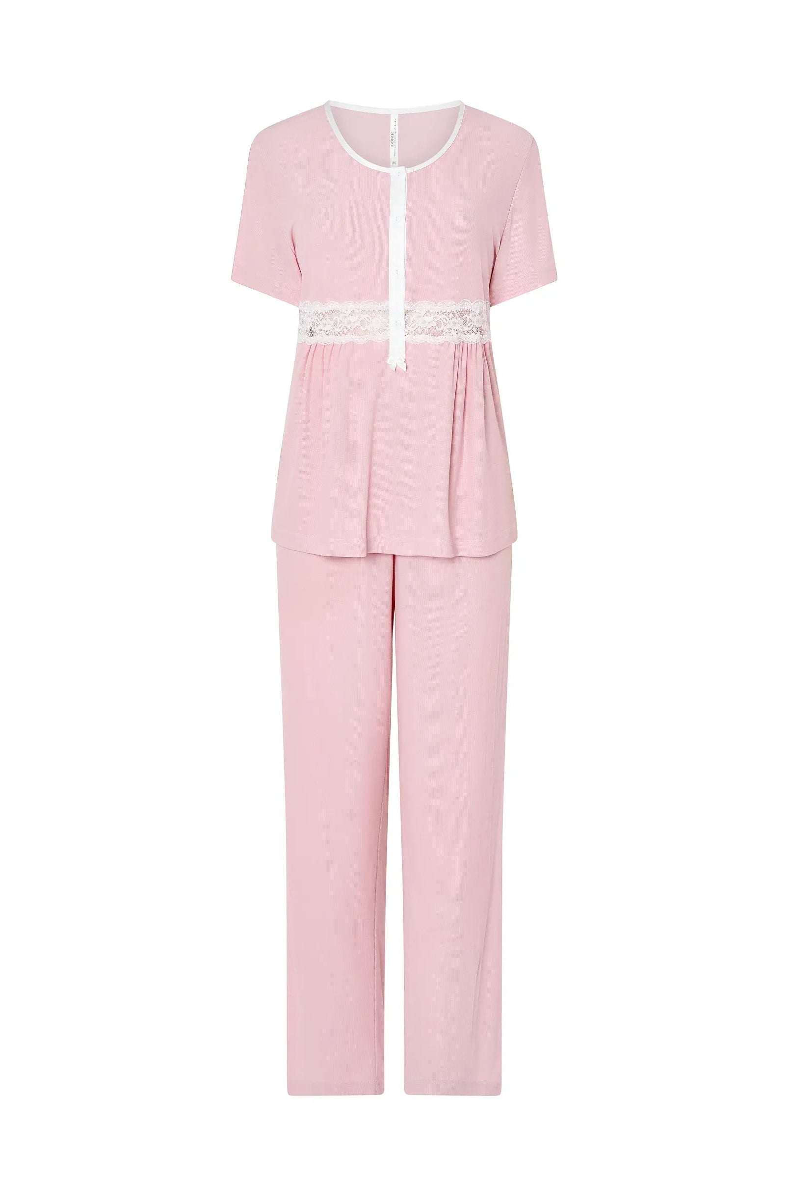Pijama rosa largo de mujer canalé liso, abierto con pata de raso y botones, encaje en cintura, manga corta y pantalón largo.