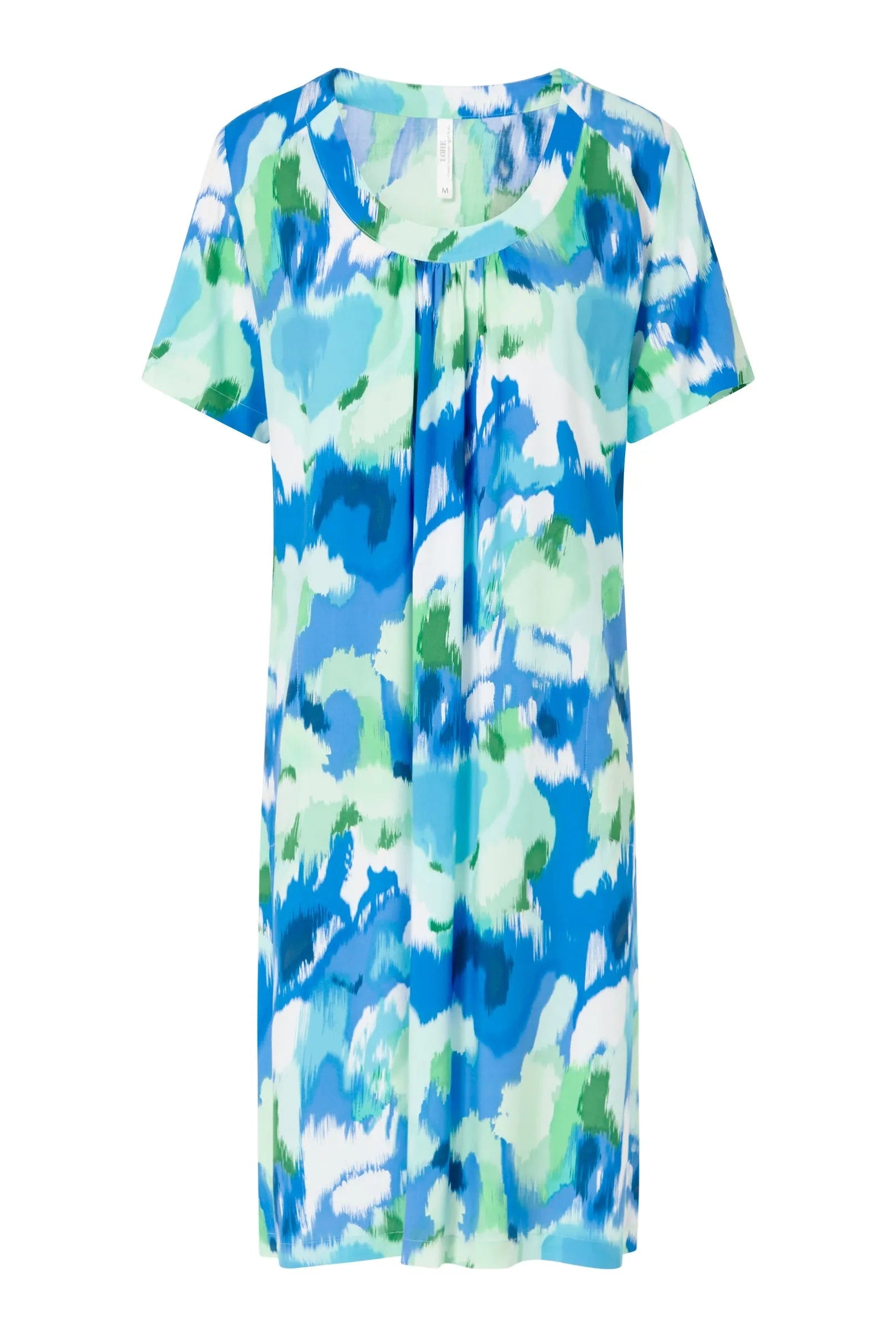 Vestido corto de mujer, estampado aguas, manga corta, cuello redondo.