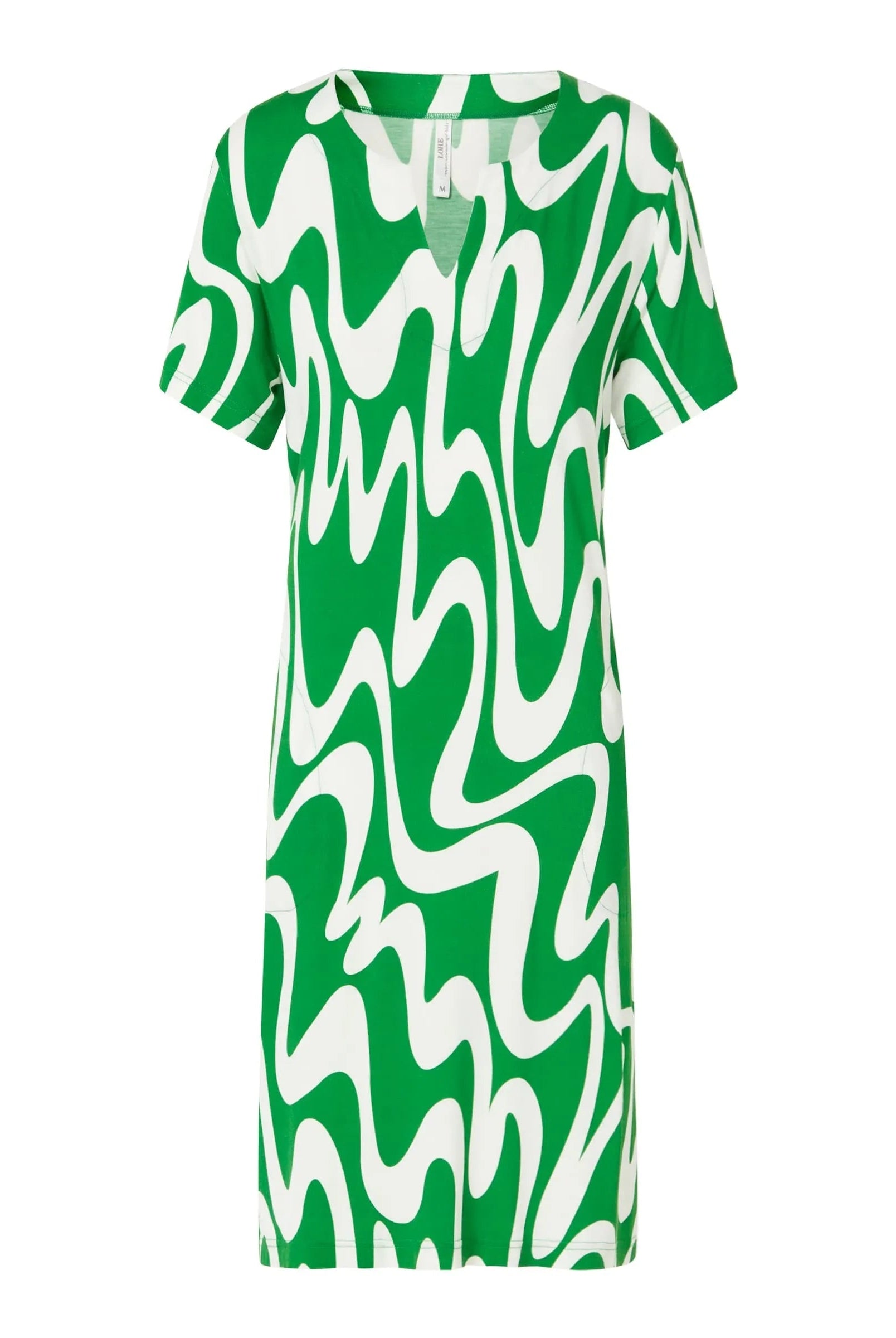 Vestido corto de mujer, estampado ondas, manga corta, bolsillos laterales.