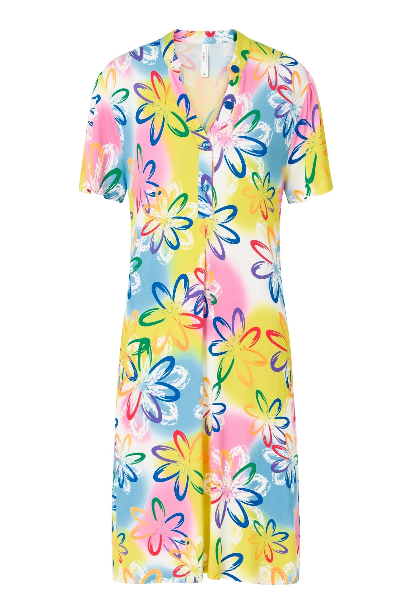 Vestido corto de mujer, estampado flores, manga corta, cuello pico con botones.