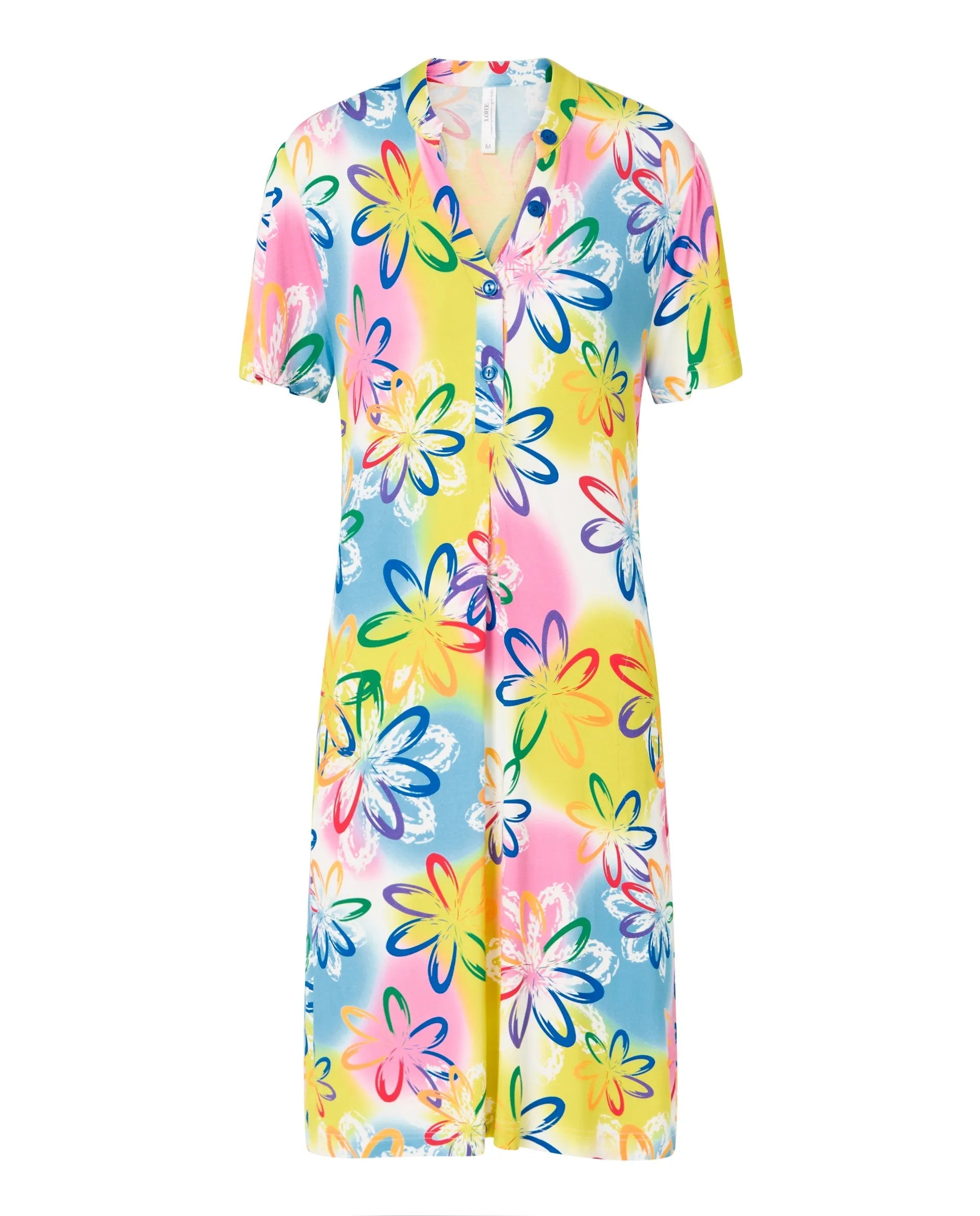 Vestido corto de mujer, estampado flores, manga corta, cuello pico con botones.