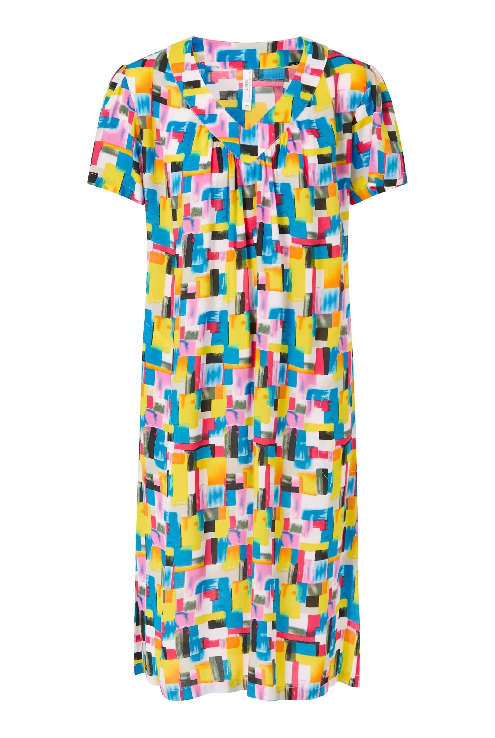 Vestido corto de mujer, estampado geométrico, manga corta, cuello pico.