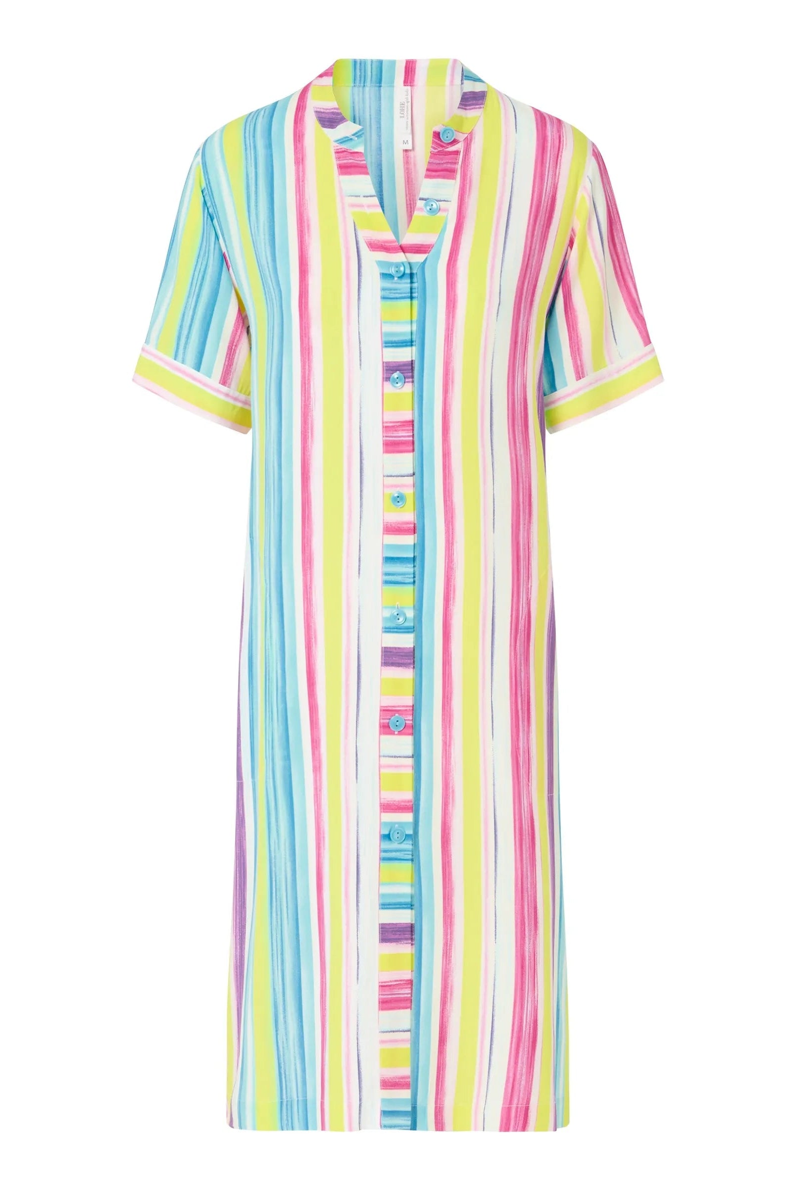 Vestido corto de mujer, abierto con botones, estampado rayas, manga corta, bolsillos laterales.