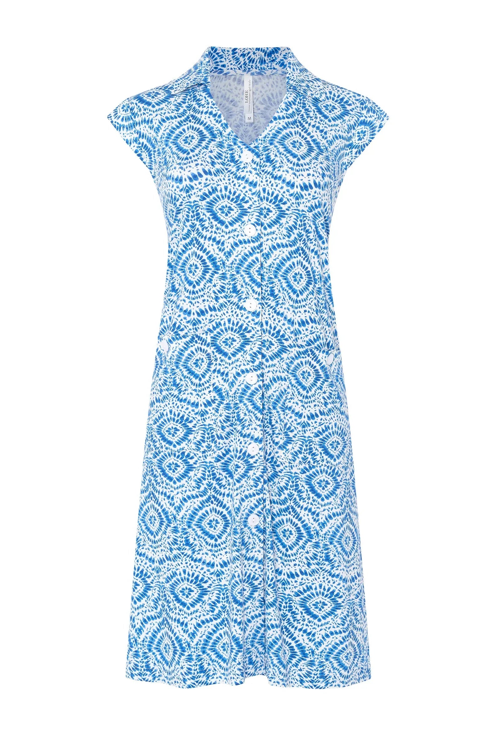 Vestido largo de mujer Lohe, tejido punto viscosa estampada, abierto con botones, con cuello, bolsillos de plastón y sin mangas.
