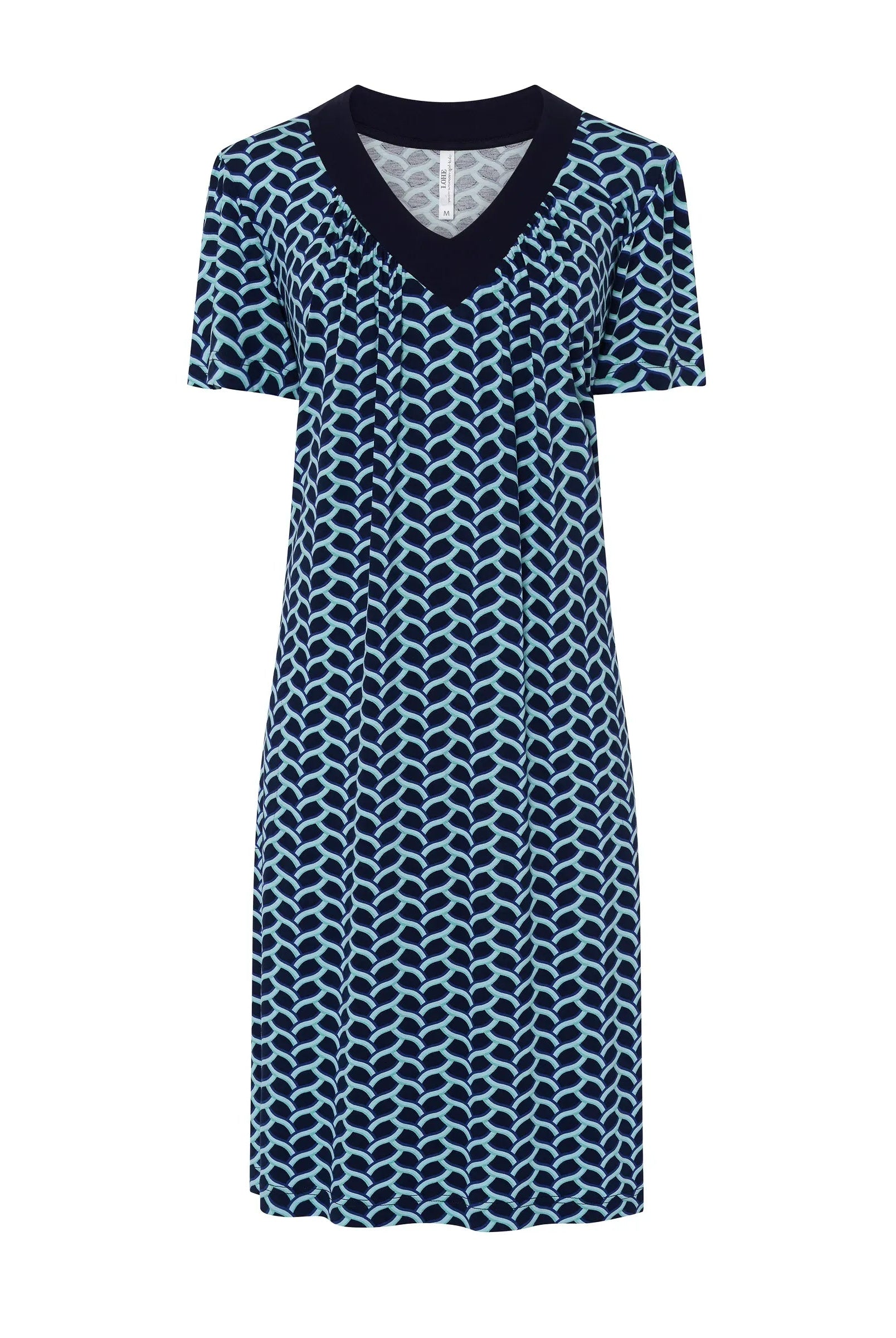 Vestido corto de mujer Lohe, tejido punto viscosa estampada, cuello pico, bolsillos, aberturas laterales y manga corta.