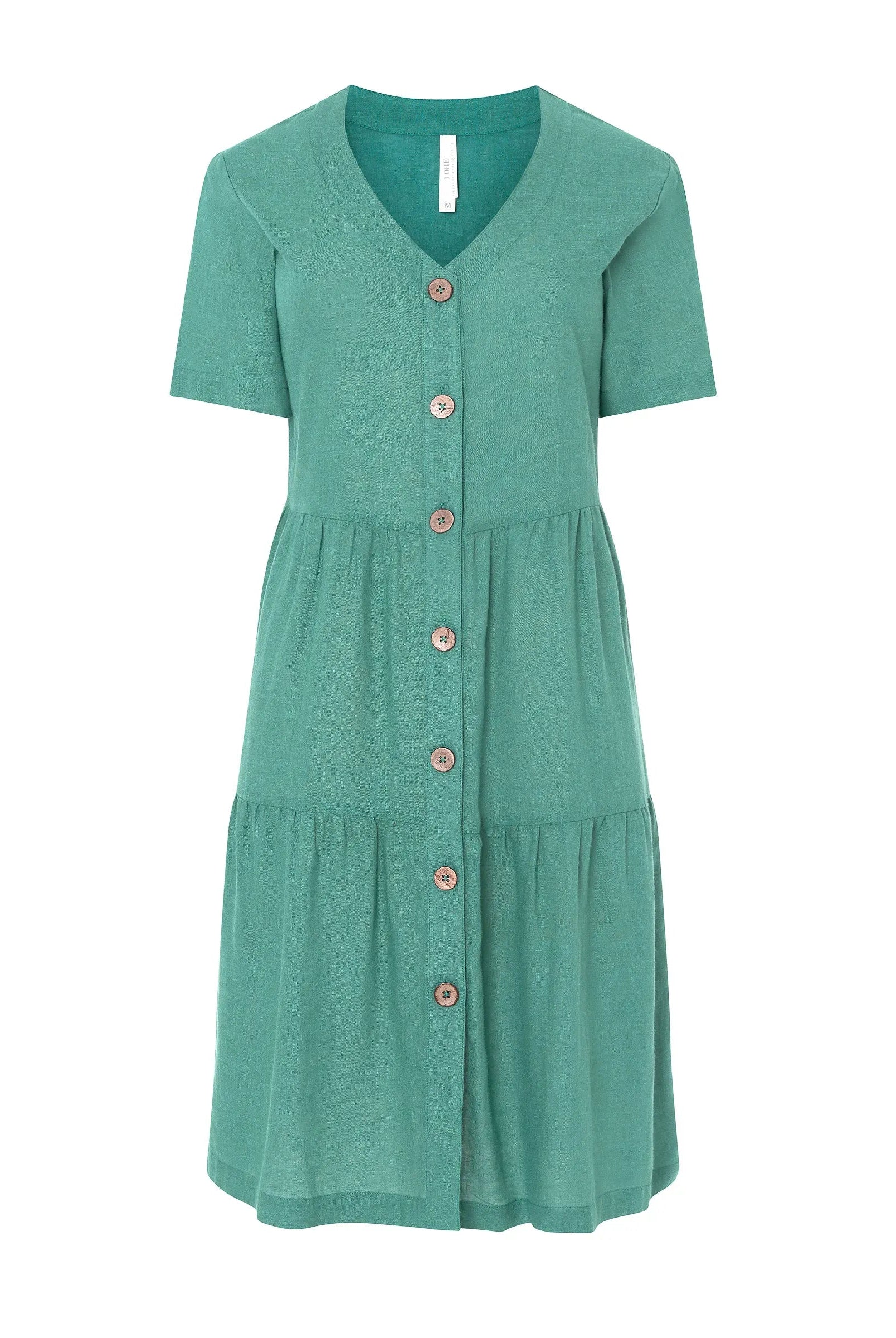 Vestido corto de mujer Lohe, tejido plana viscosa lino, abierto con botones, sin cuello, volante y manga corta.