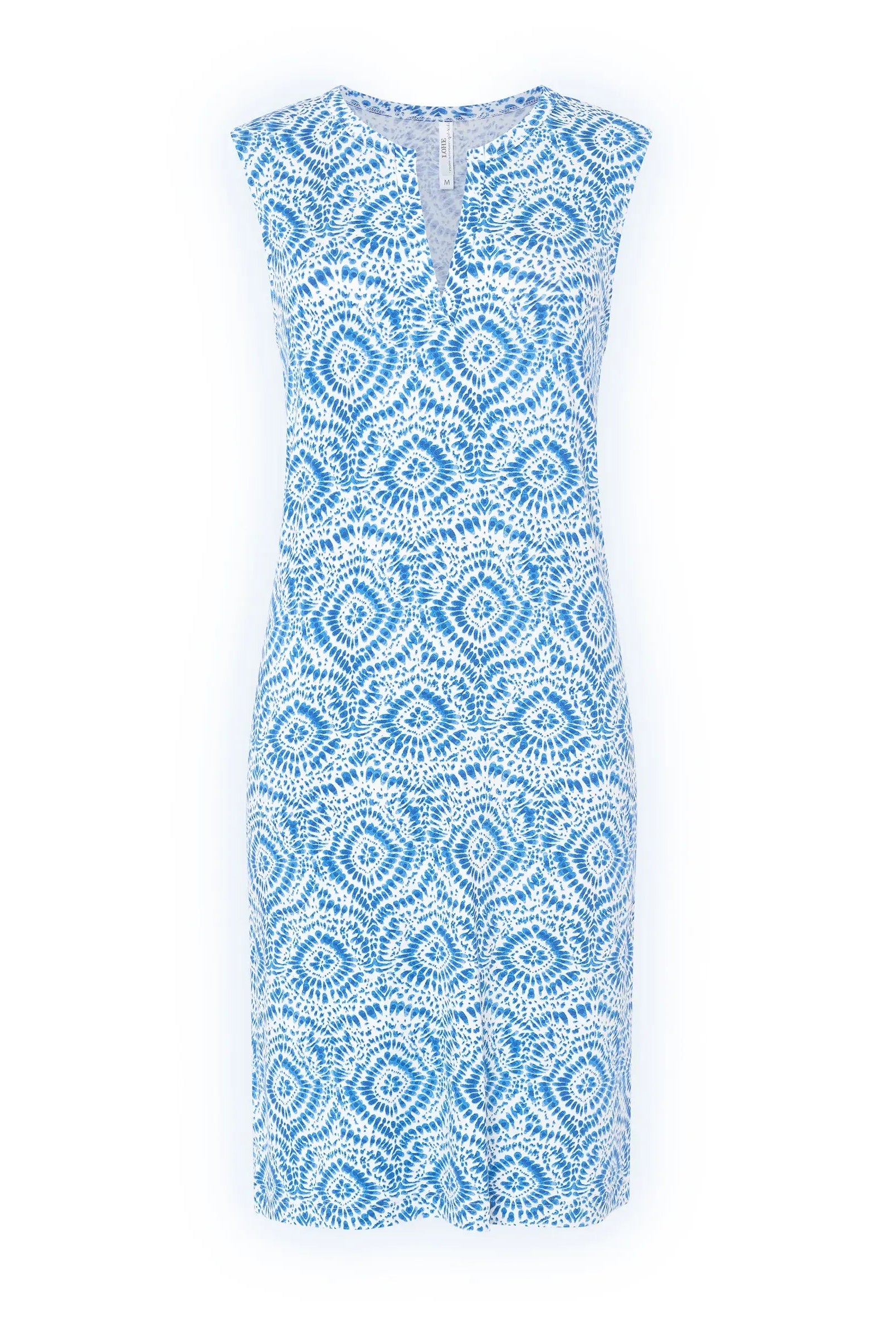 Vestido corto de mujer Lohe, tejido punto viscosa estampada, abertura con tirilla y sin mangas.