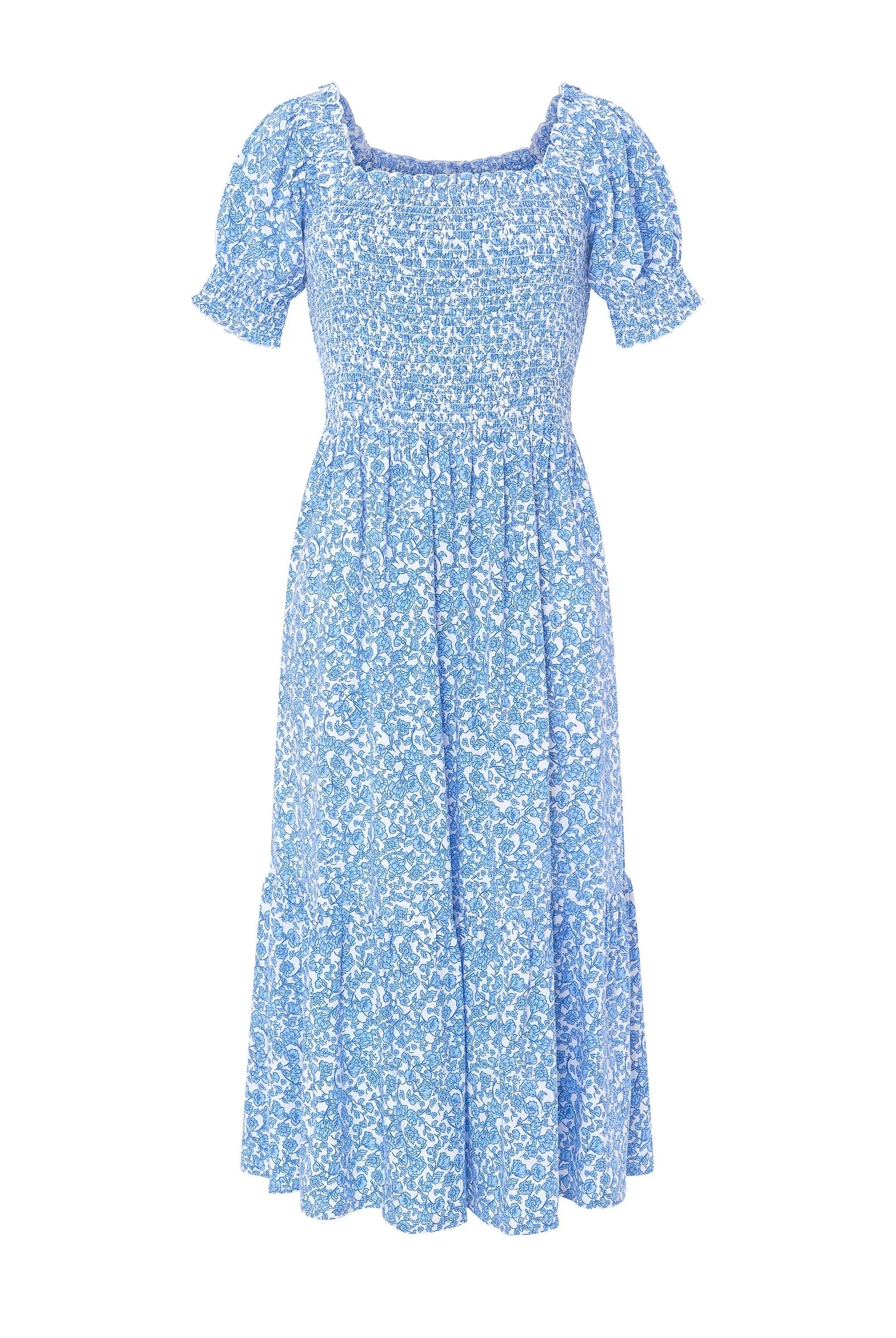 Vestido largo de mujer Lohe, tejido plana viscosa estampado flores, top con nido de abeja, escote cuadrado y manga corta.