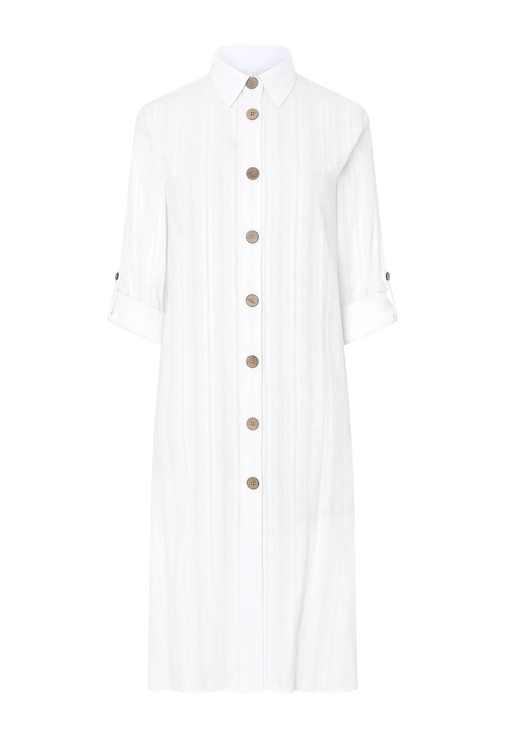 Vestido largo de algodón viscosa blanco con bordado manga larga y cuello camisero